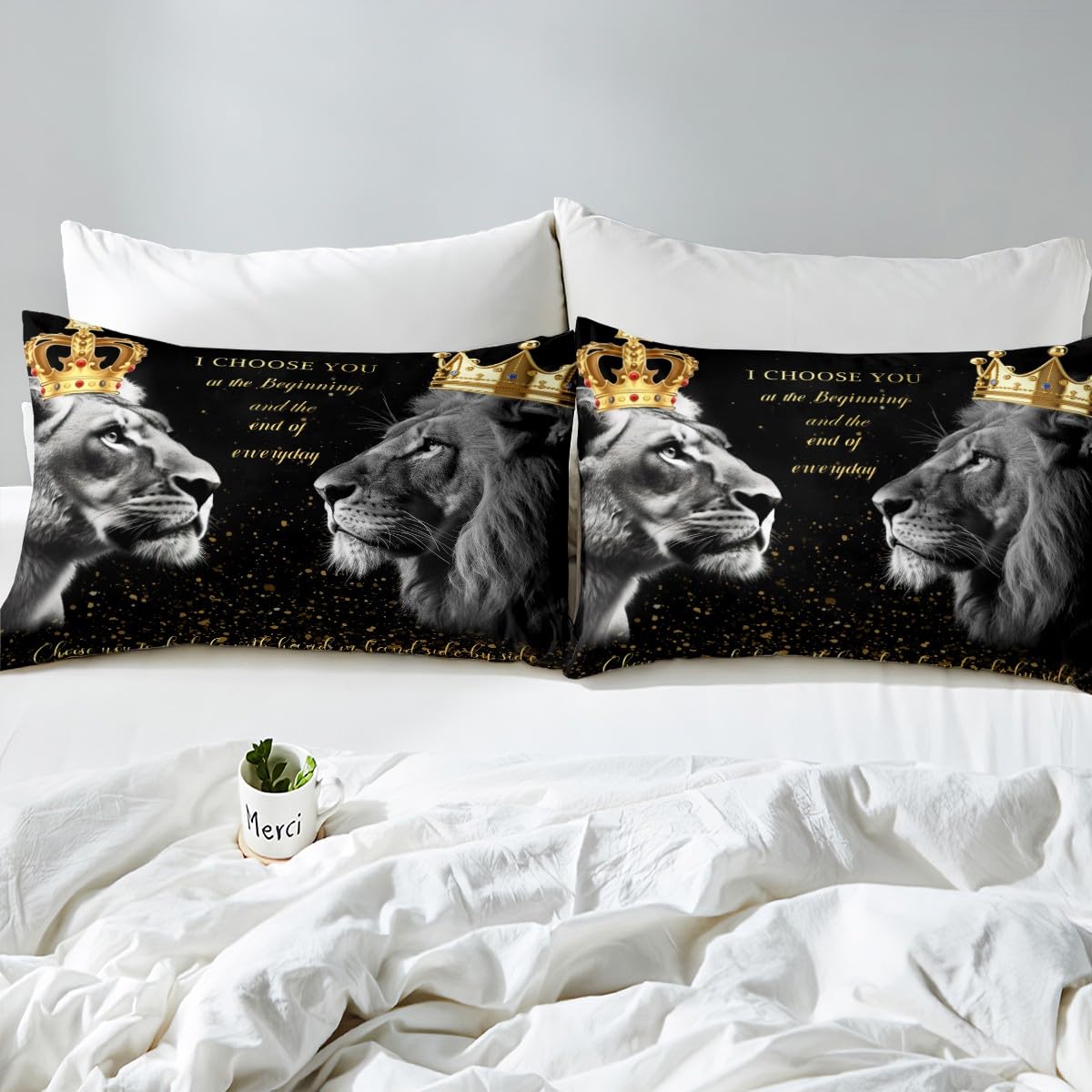 3D Lion Couple Fitted Sheet Queen Size,Golden Glitter King and Queen Crown Bedding Set for Kids Girls Women Men Room Decor,African Wild Animals Bed Sheet Valentine's Day Deep Pocket Sheet,Black