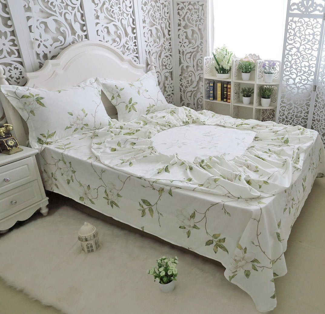 FADFAY Shabby White Floral Bed Sheet Set 100% Cotton Sheets Green Leaves 4Piece - Twin XL Size