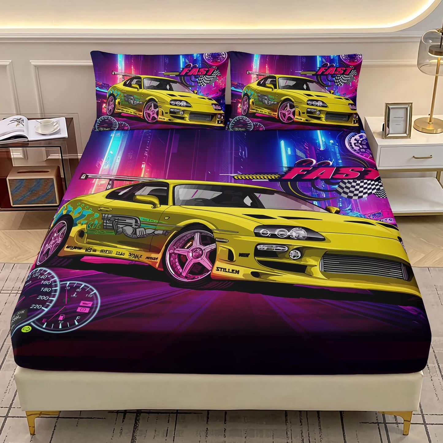 AILONEN Yellow Racing Car Fitted Sheet Queen Size, Extreme Sport Bedding Set for Kids Boys,Sports Race Car Bed Sheet Set,Cool Speed Dial Bedsheets Set,3 Pieces,1 Fitted Sheet and 2 Pillowcases