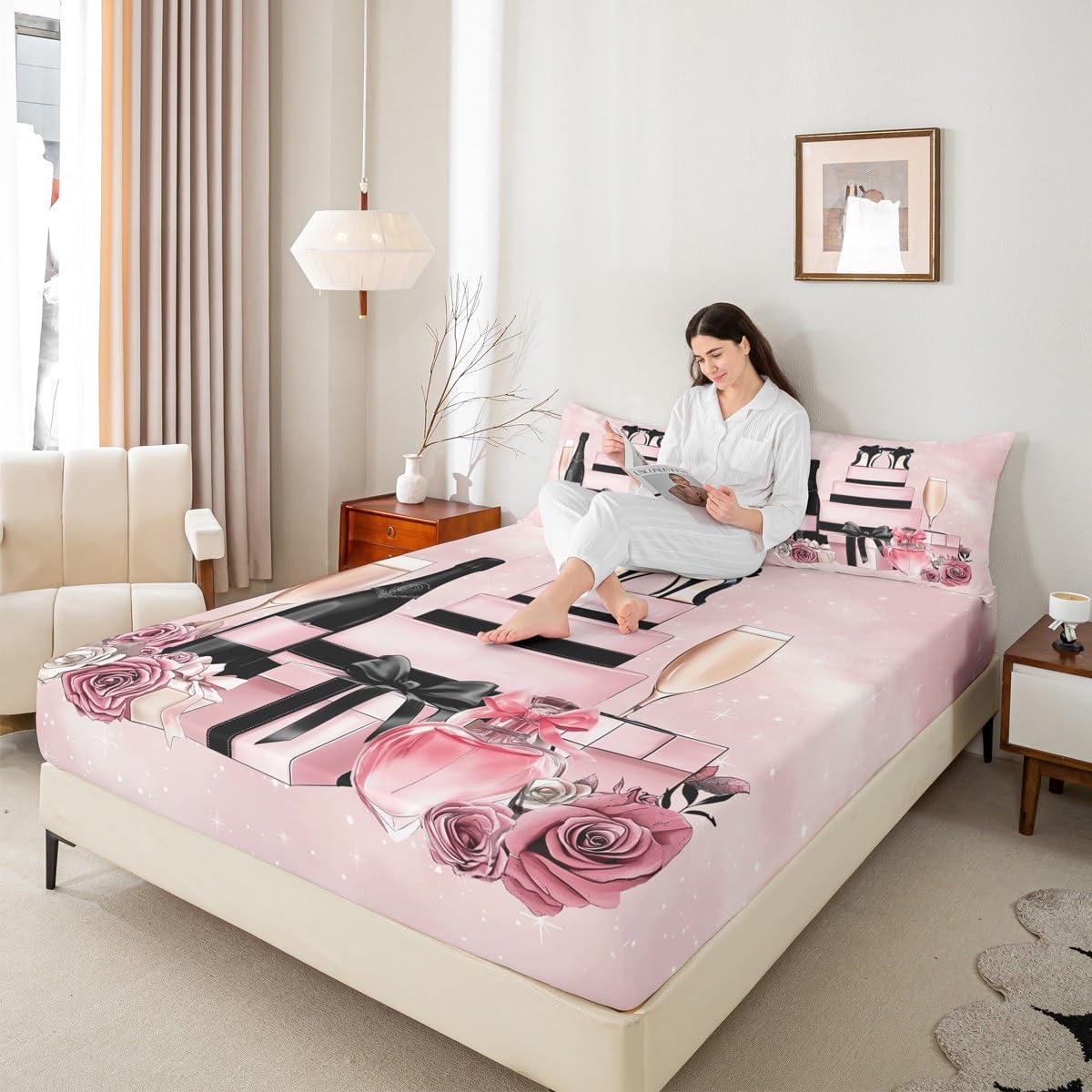 Erosebridal Pink Fashion Girly Bed Sheets King Retro Rose Floral Sheet Set for Girls Women Kids Teens High Heel Perfume Sheets Modern Coquette Bow Trendy Elegant Aesthetic Bedding Set,Pink and Black