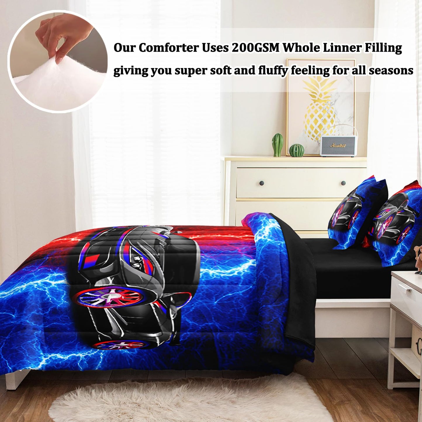 BERTSUCA 5 Pcs Car Comforter Sets for Boys, Cool Red Blue Lightnings Bed in A Bag Full Size Car Bedding Set for Boys Kids