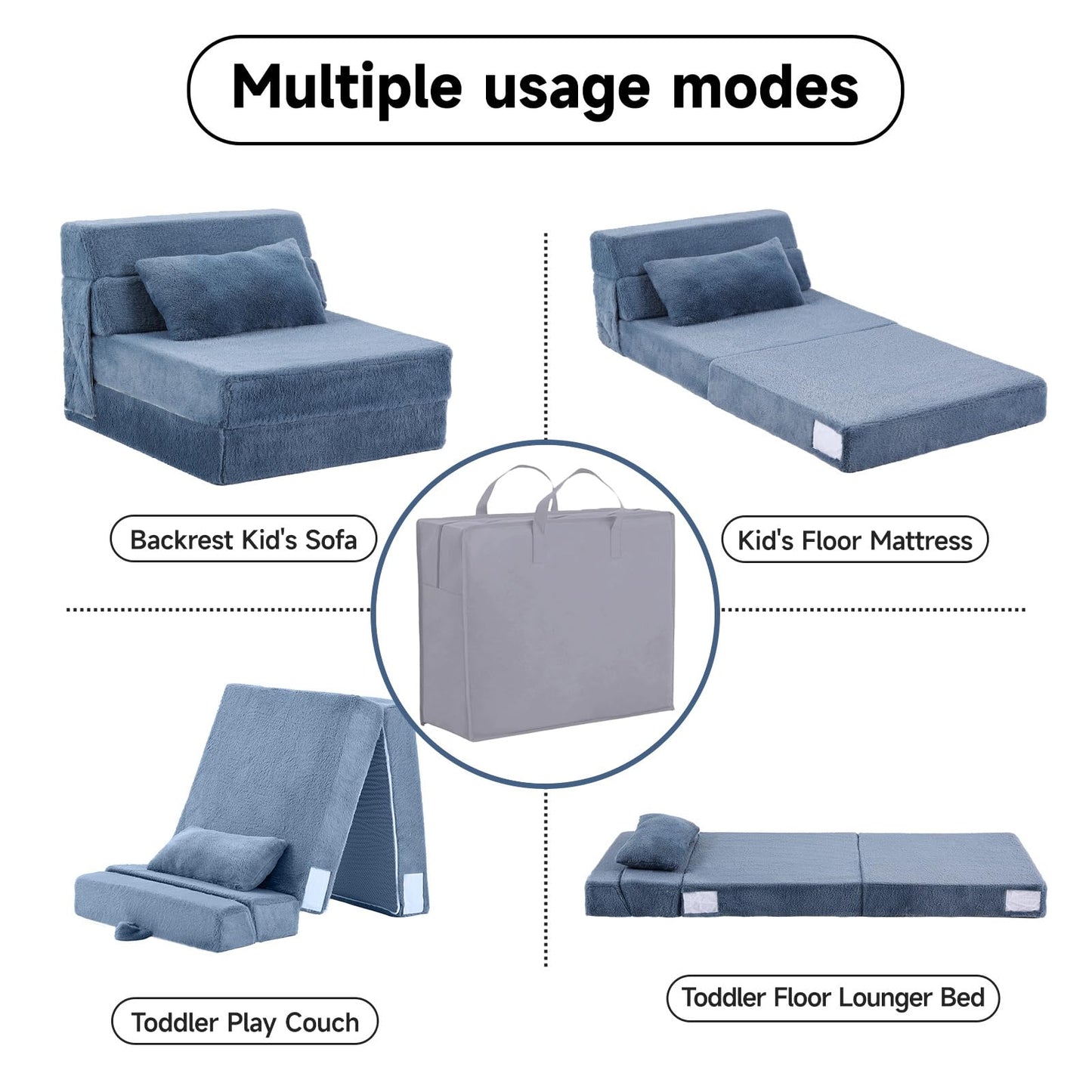 Tiita Convertible Folding Kids Sofa Bed with Pillow & Storage Bag, Plush Fabric Floor Mattress Couch Bed, Washable Cover, Kids Room, Playroom, Dorm, Apartment, Blue Grey