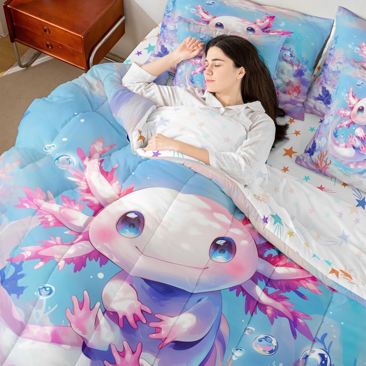 Erosebridal 7 Pieces Teen Girl Axolotl Bedding Set Queen Size - Kids Cute Axolotl Comforter Set with Sheets Cartoon Ocean Sealife Bed in A Bag with Flat Fitted Sheets Kawaii Salamander Bed Sets