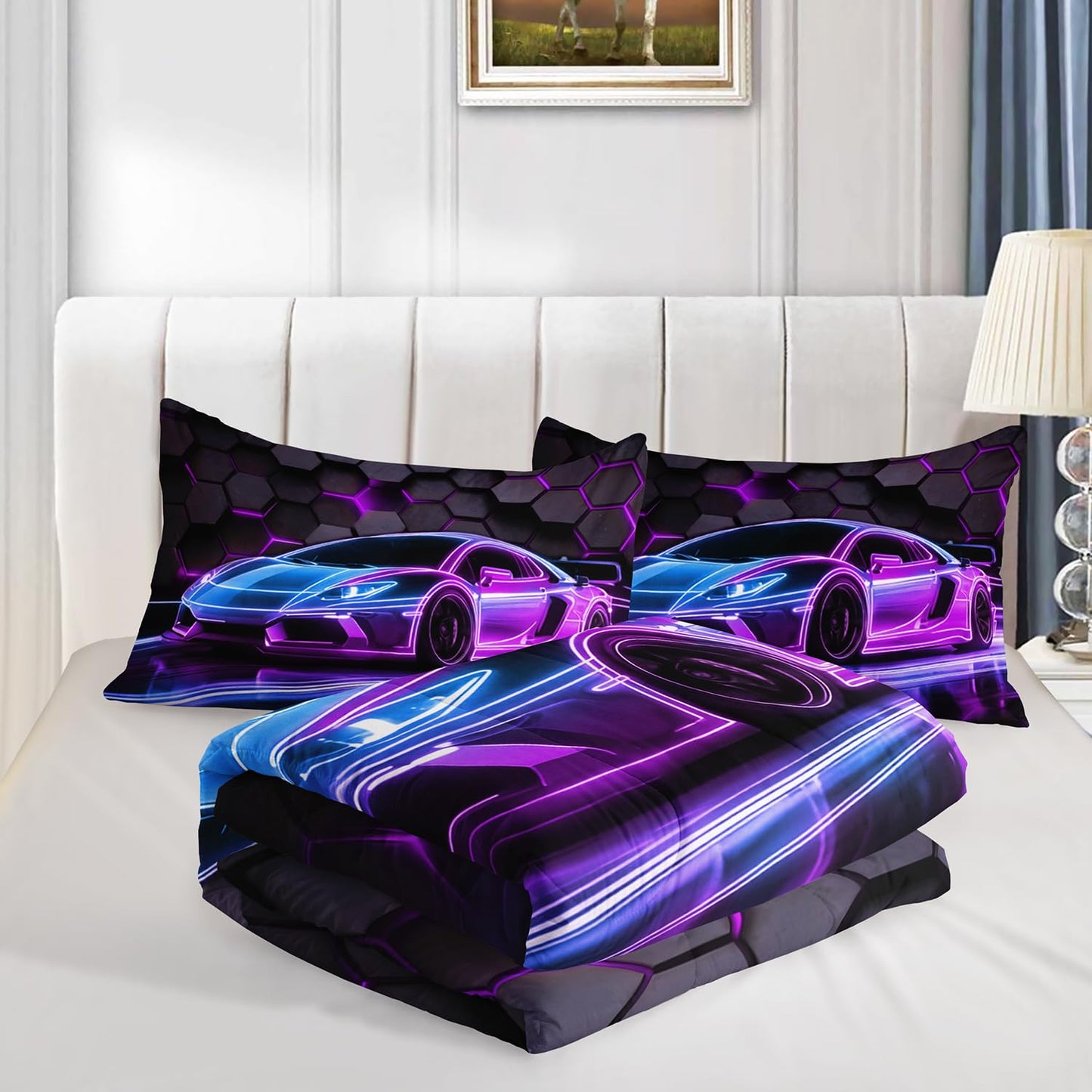 HOSIMA Boys Race Car Queen Bedding Sets,Honeycomb Geometric Background Neon Pattern Cool Extreme Sports Bedding for Kids Men Car Room Decor,Gaming Comforter with 2 Pillowcases.