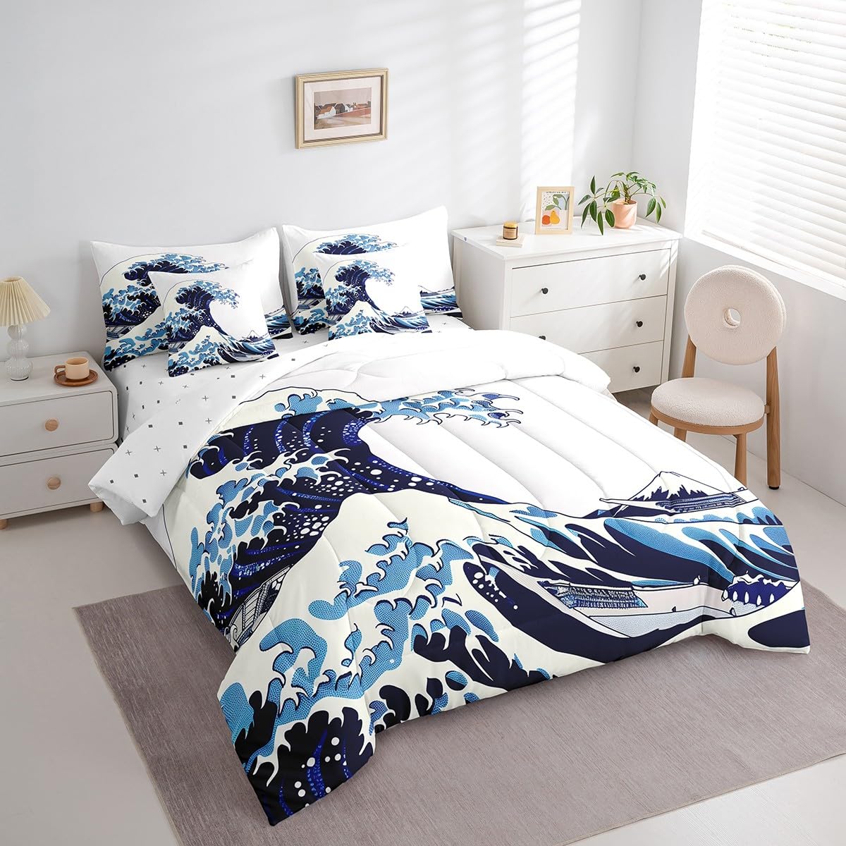 Erosebridal 7 Pcs Japanese Style Comforter Set Twin Sea Ocean Waves Bedding Sets for Men Women Adults Japanese-Style Hand Drawn Quilt with Flat Fitted Sheet Illustration Ukiyoe Themed Bed in A Bag
