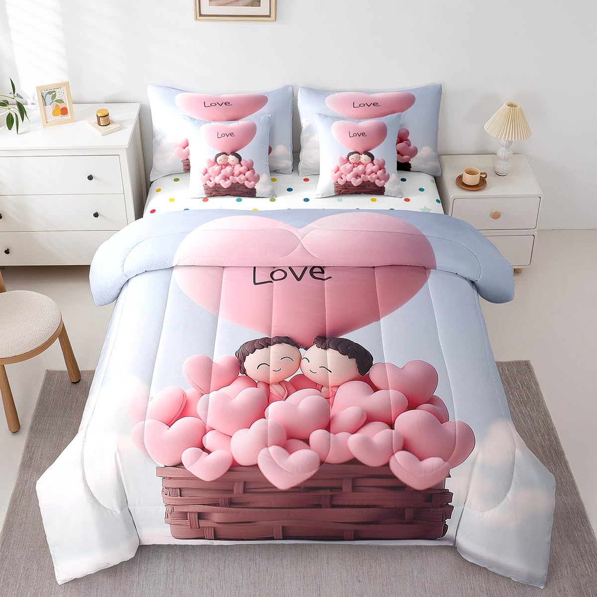 Erosebridal Love Balloon 7 Piece Bedding Set Romantic Valentine's Day Girls Full Comforter Set Cute Couple Doll Bed in A Bag for Teen Adult Women,Pink Hot Air Balloon Bed Set