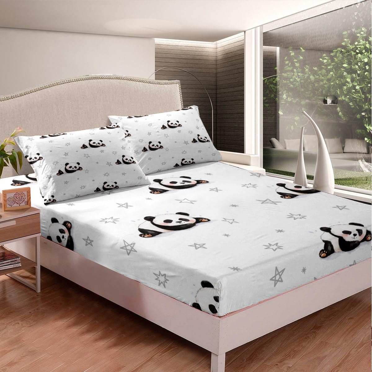 Feelyou Cartton Panda Sheet Set Kids Cute Animal Sheets with Deep Pocket Fitted Sheet for Boys Girls Kawaii Panda Bed Sheets Set Panda Bear Printed Black White Bedding Set Quilt Cover Full