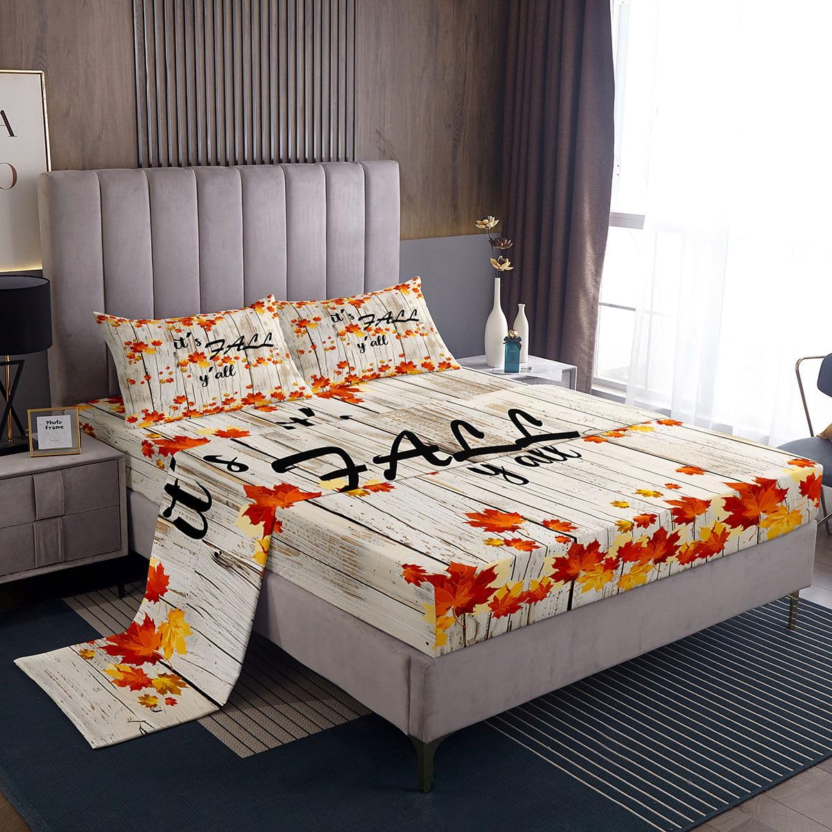 Fall Maple Leaves Sheet Set Queen Autumn Nature Botanical Bed Sheets Rustic Farmhouse Fall Bedding Set For Kids Adults Soft Breathable Fitted Sheet Orange Gold Beige Flat Sheet 2 Pillow Cases