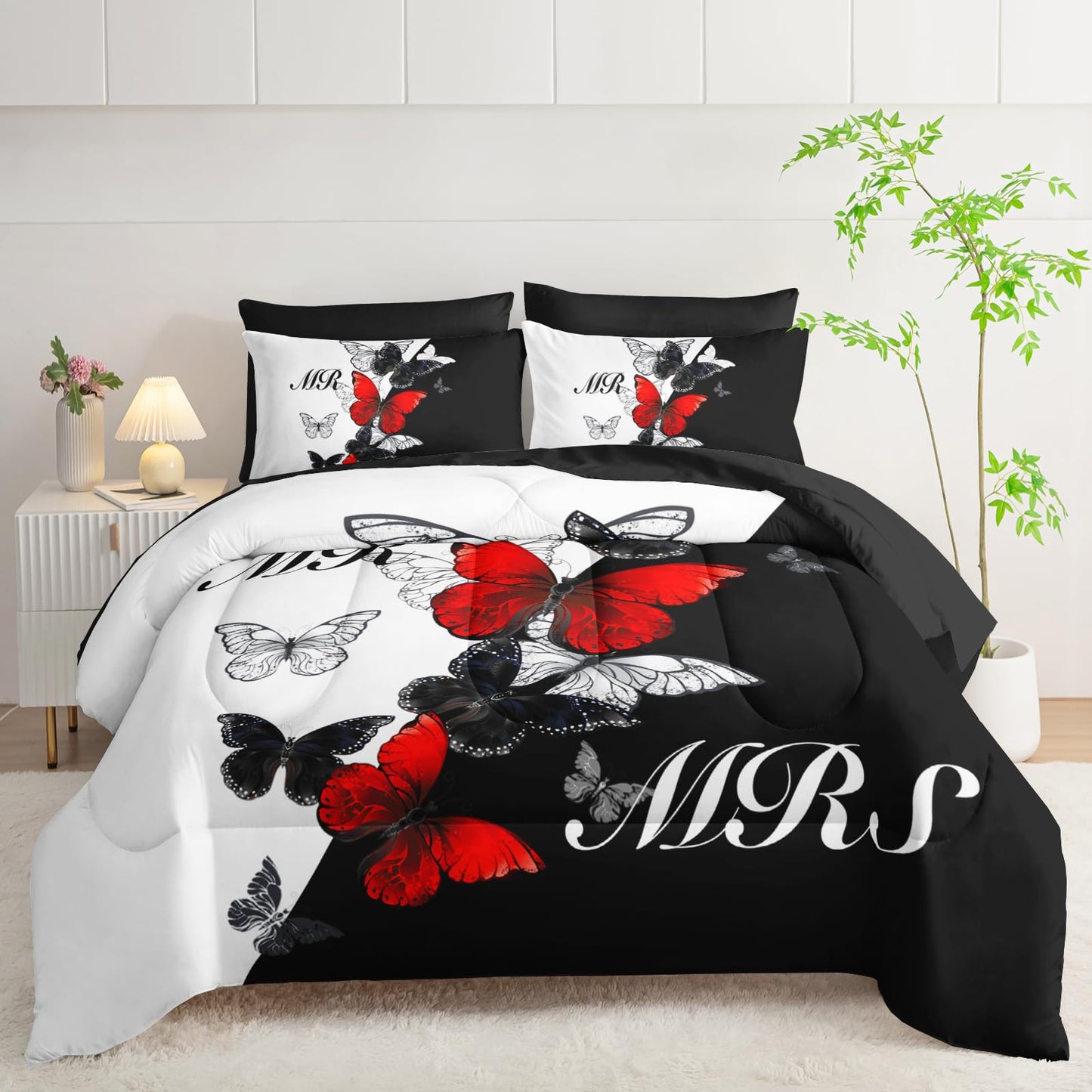 AILONEN Mr Mrs Black and White Comforter Set Queen - 7Pcs Soft Bed in a Bag -Red Black Butterfly Comforter,Fitted Sheet,Flat Sheet,2 Pillowcases,2 Pillow Shams for Room