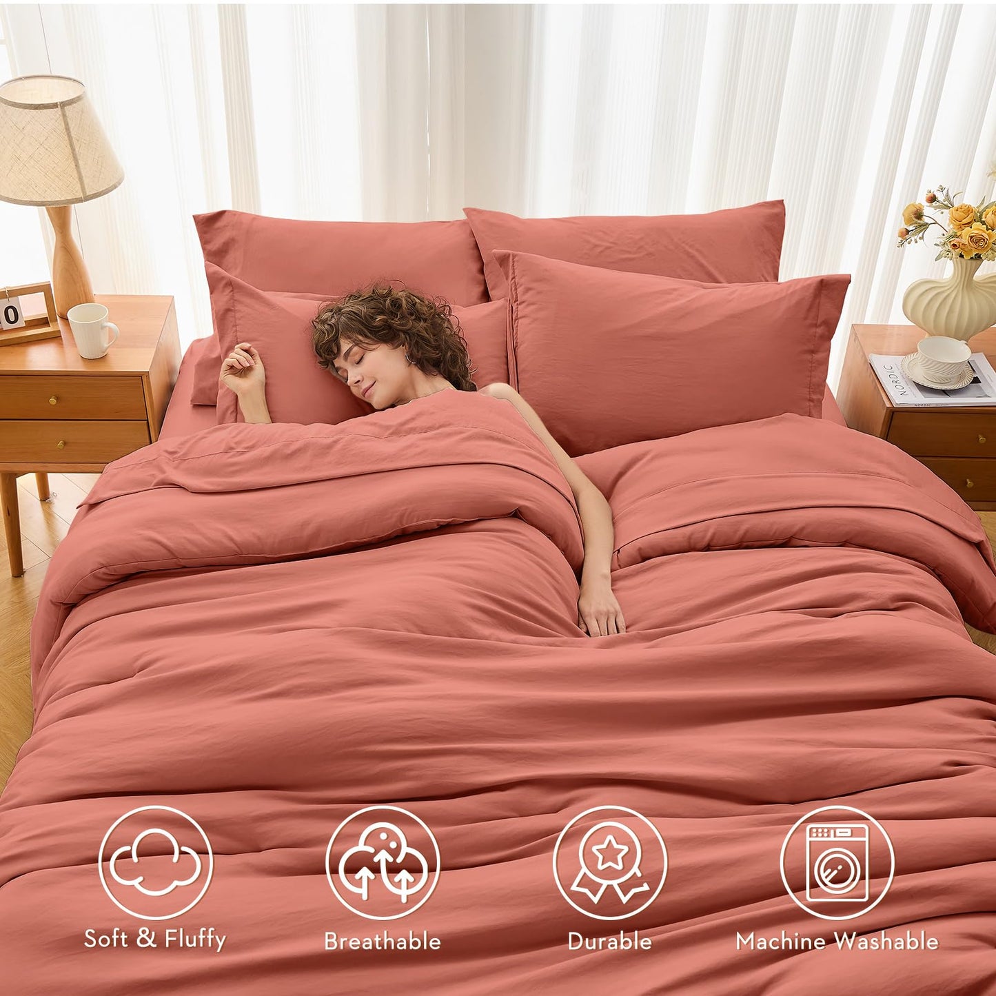 MUXHOMO 7 Pieces King Comforter Set, Soft Bed in a Bag King Size, All Season Bedding Set with Comforter, Flat Sheet, Fitted Sheet, Pillowcases & Shams, Coral Red