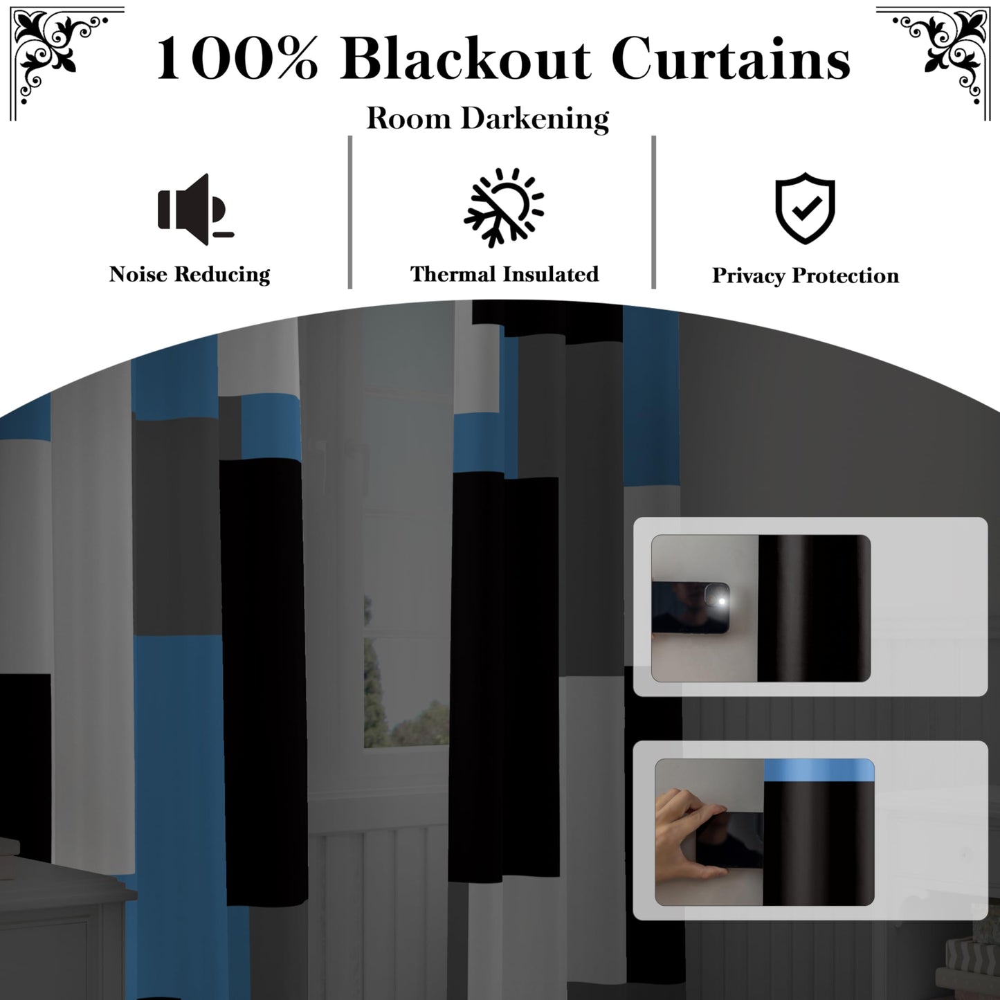 Tyrot Light Blue 100% Blackout Curtains for Bedroom 63 inch Length 2 Panels Set Black Grey Modern Abstract Geometric Black Out Curtains Insulated Room Darkening Window Drapes for Living Room, 42Wx63L