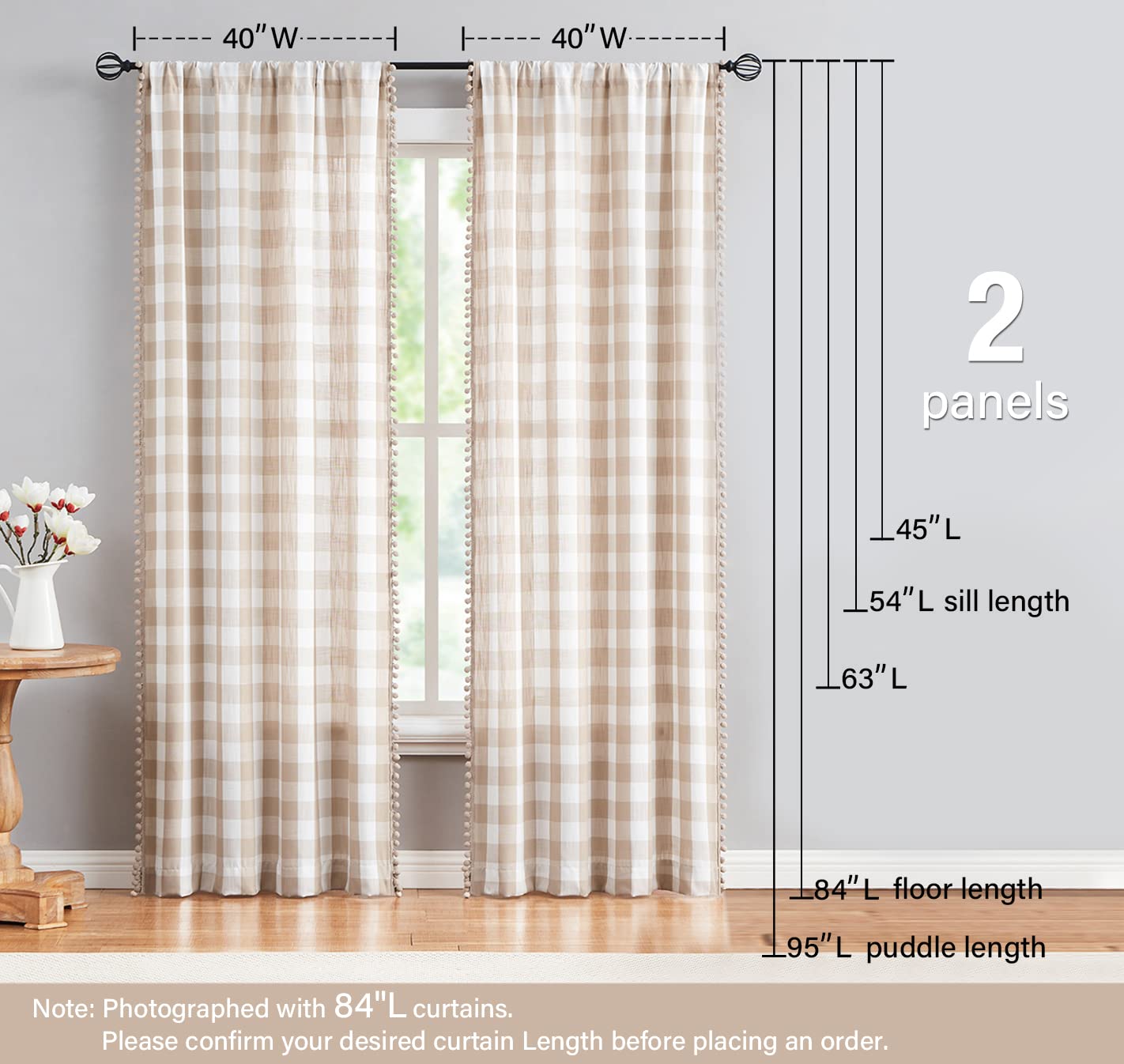 Treatmentex Pompom Buffalo Plaid Curtains 45" Kitchen Curtains Rustic Farmhouse Tan and White Check Curtain Panels for Small Windows Basement Bathroom Rod Pocket 2pcs