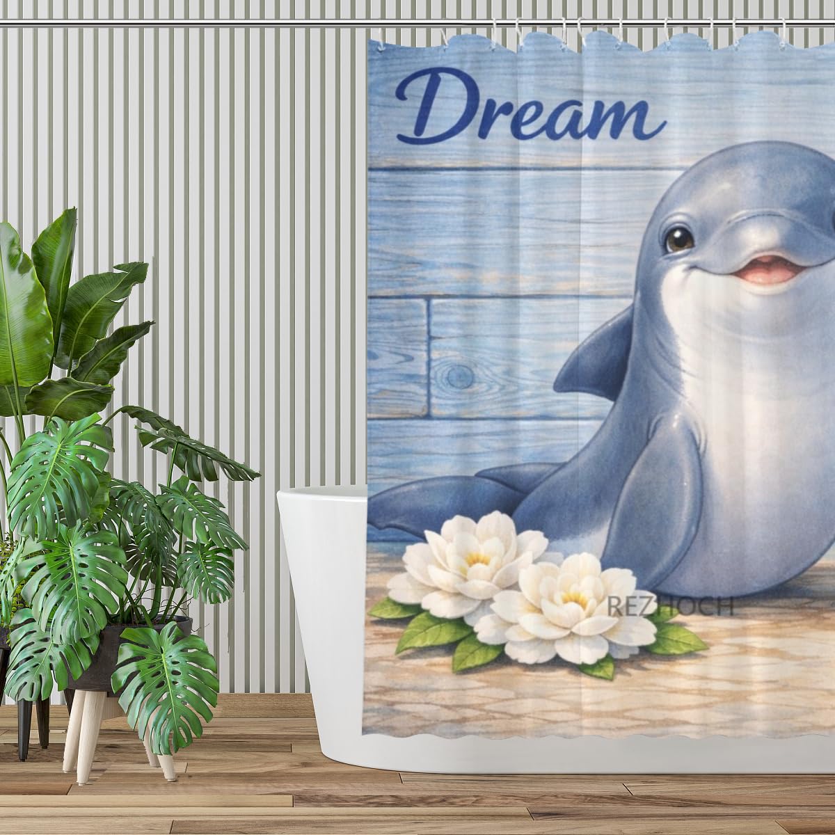 REZHOCH Cute Fun Dolphin Shower Curtain 72x72Inch,Blue Floral Dream Home Bathroom Decor,Animal Art Flower Waterproof Fabric Rustic Farmhouse Puppy Bath Tub Curtain with Hooks
