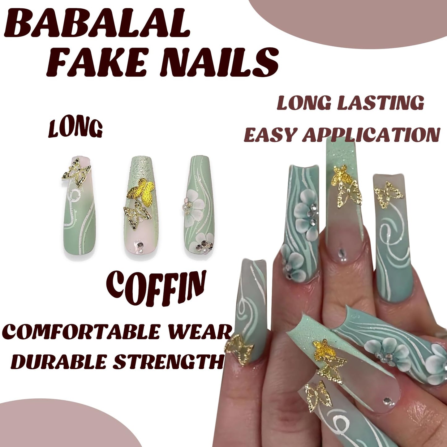 BABALAL Long Coffin Press on Nails - Green Fake Nails, 3D Golden Butterfly Glitter Shiny Design, Acrylic Glue on Nails for Women and Girls 24 Pieces