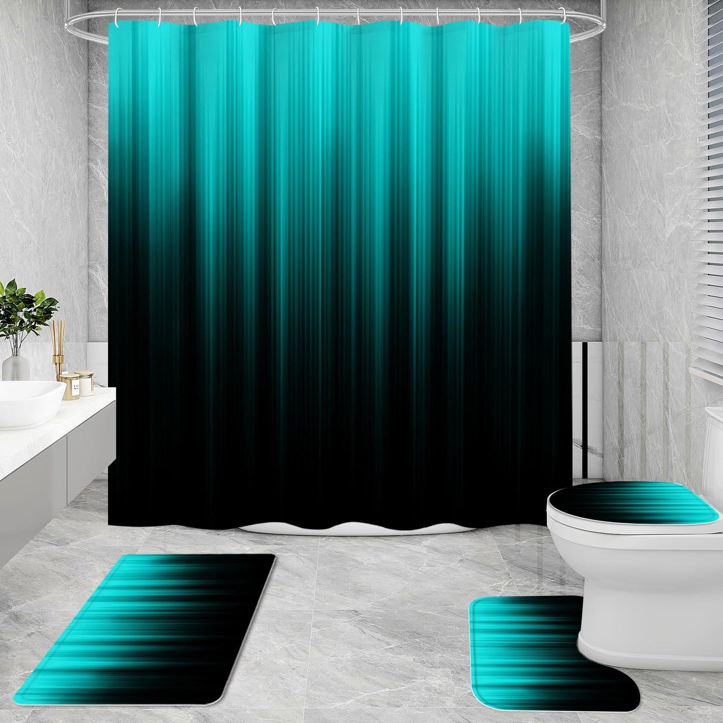 Litabel 4 Pcs Teal and Black Gradient Shower Curtain Set with Rugs and Toilet Lid Cover, Modern Simple Waterproof Fabric Bathroom Set, Ombre Stripe Gothic Abstract Bathroom Decor Set Accessories