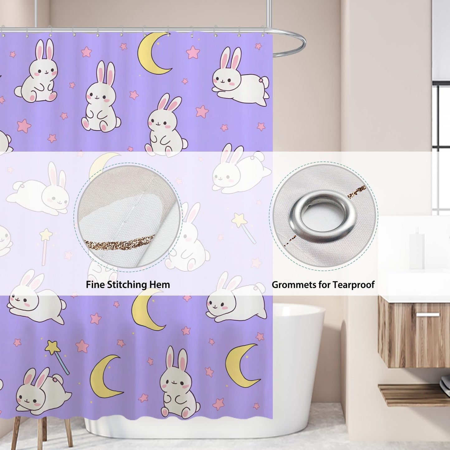 Funnytree Cute Anime Moon and Bunny Shower Curtain 72"x72" - Waterproof Fabric Bathroom Decor for Girls Teens Women Fans Daughter, Easy Care Washable (Hooks Not Included)