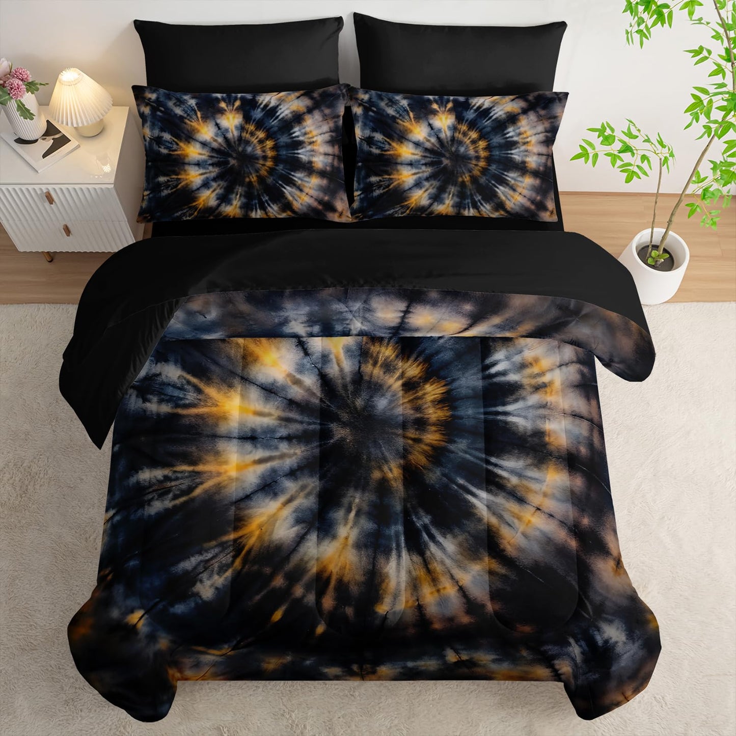 Nttopship Dark Tie Dye Comforter Set Full Bedding Sets 7PCS,Abstract 7 Piece in A Bag Tie Dye Bedding Set 7 Piece in A Bag,Bed Sheet Set Yellow Fission Graffiti Microfiber Lightweight All Season