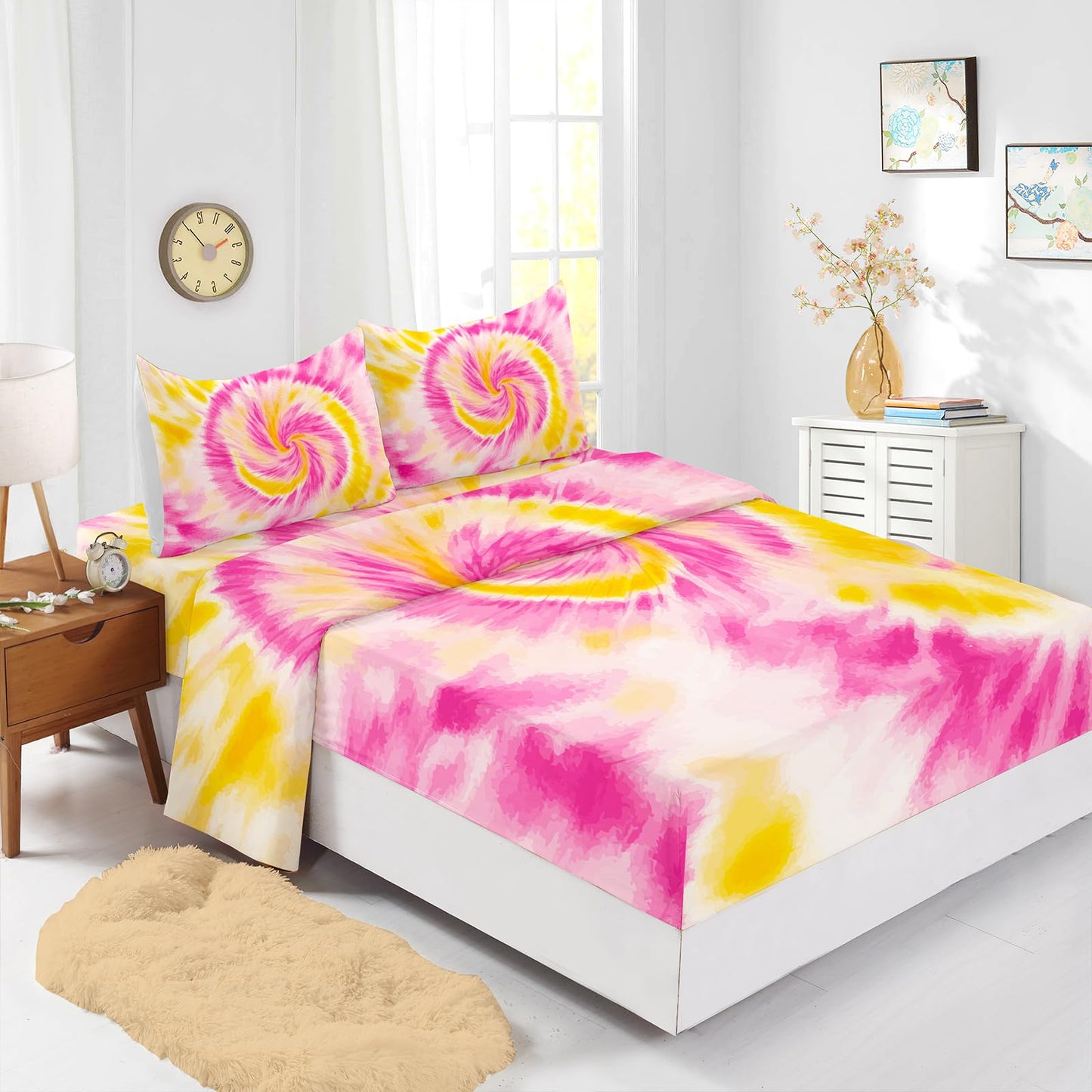 Nttopship Pink Tie-dye 4 Pieces Bed Sheet Sets Full Size Abstract Modern Art Bedding Sets with 16" Deep Pockets Graffiti Bedroom Decor,Bedding Set 4 PCS(1 Fitted+1 Flat+2 Pillowcases)