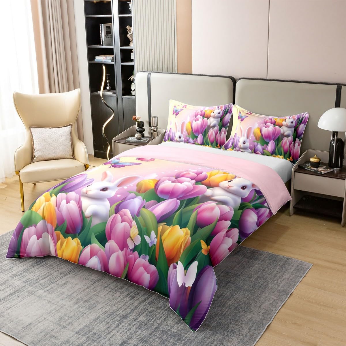 Erosebridal Pastel Tulip Comforter Cover Twin Size 100% Cotton Cover Spring Tulip Flowers Duvet Cover Pink Purple Garden Floral Bedding Set Cute Kawaii Rabbit Bed Set for Kids Boys Girls