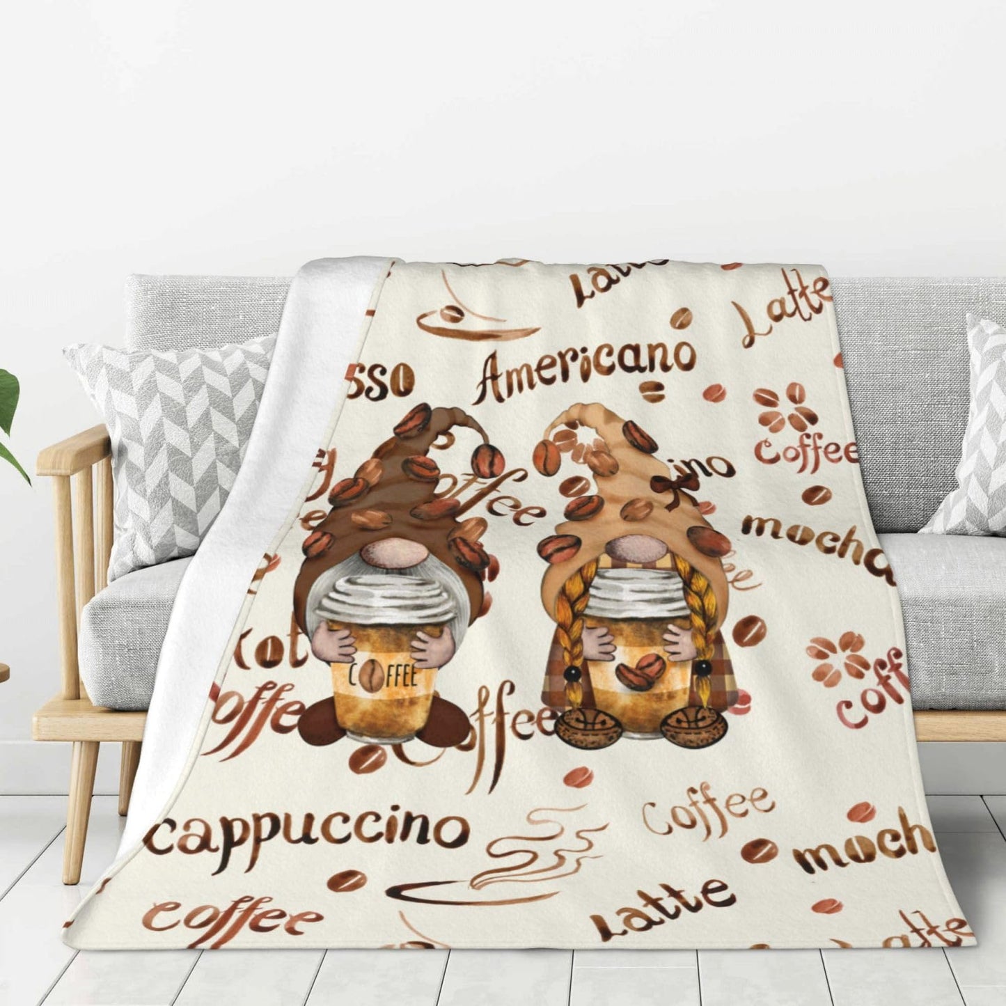 Oplp Coffee Bean Funny Coffee Gnomes Throw Blanket for Bed Sofa Couch Fleece Blankets Lightweight Soft Cozy 50"x40"
