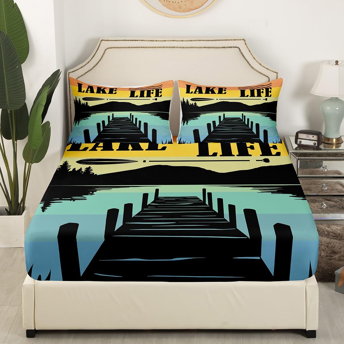 Lake Life Kids Fitted Sheet Twin Size,Adventure Camping Lake House Fishing Bedding Set,Boys Girls Room Decor,Rustic Cabin Outdoor Nature Bed Cover,Blue Black Bed Sheet,1 Pillowcase(No Top Sheet)