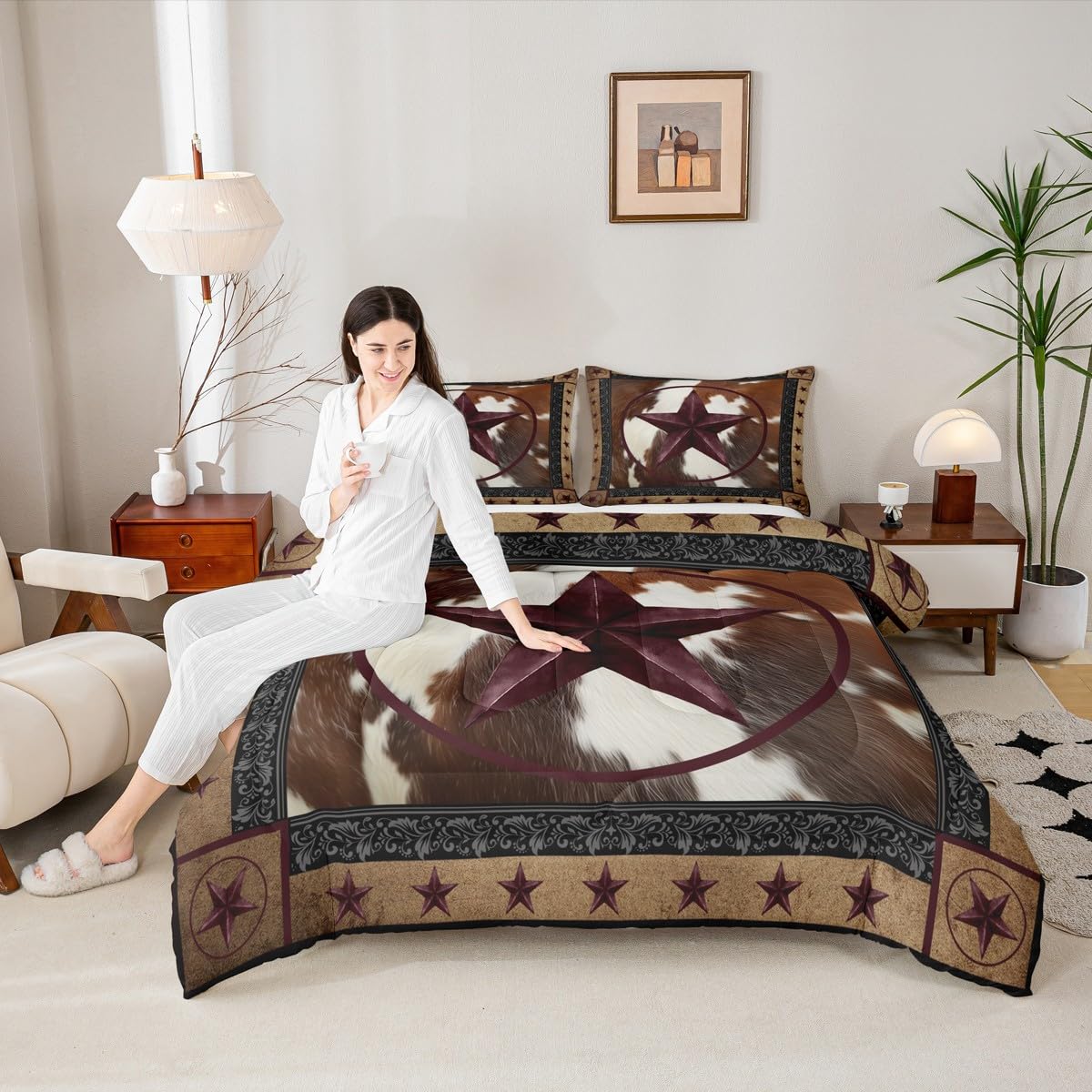 jejeloiu Western Texas Star Comforter Set Queen Size Cowhide Bedding Set for Kids Boys Girls Farmhouse Rustic Duvet Quilt Cow Fur Print Bedroom Decor Microfiber 3 Pcs with 2 Pillow Cases
