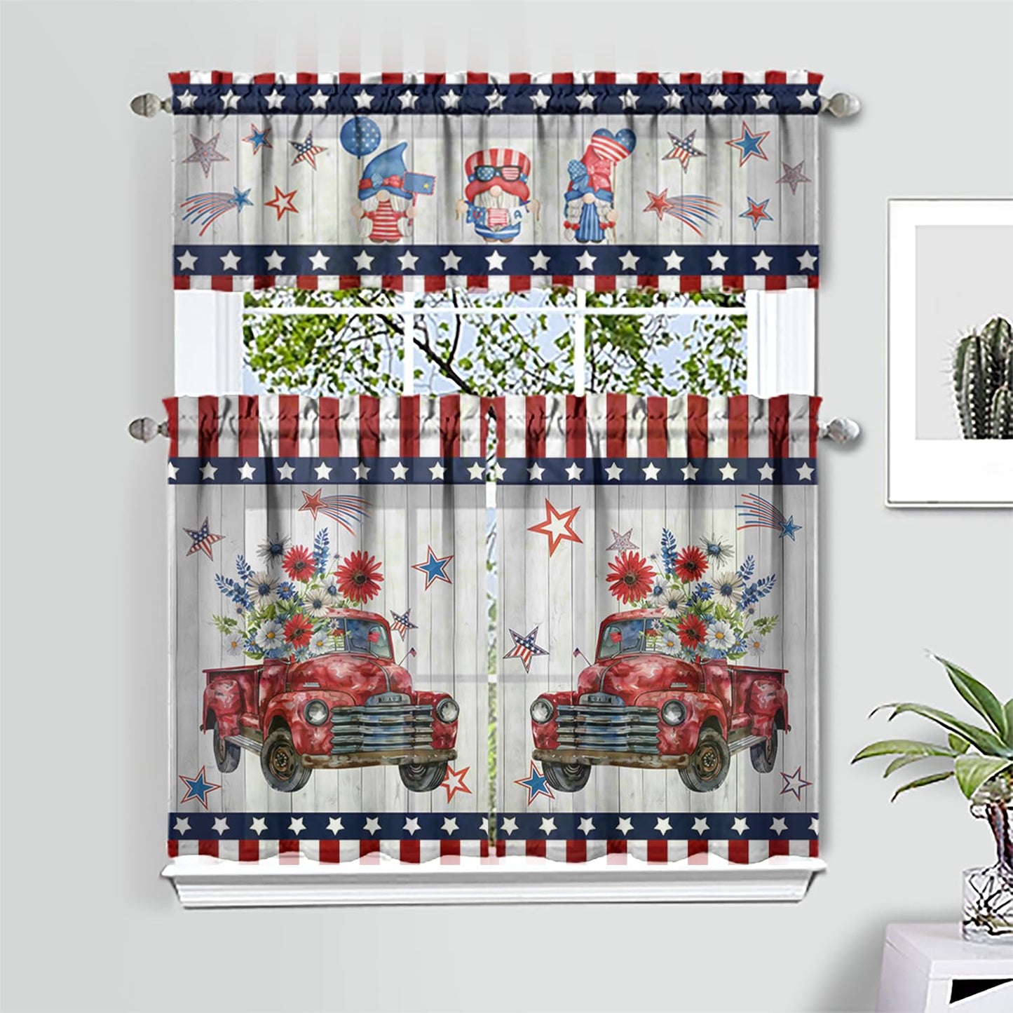 American 4th of July Kitchen Curtains Valances and Tiers Set for Windows, Patriotic Independence Memorial Day Bathroom Window Curtain Valance 3 Piece Sets,Kitchen Decor for Living Room,54"x 36"