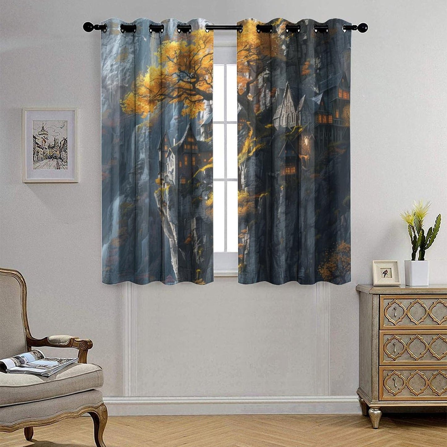 TOWINSFB Autumn Tree Cabin Landscape Blackout Curtains for Bedroom/Living Room, Retro Rustic Forest Mountain Grommet Curtains Thermal Insulated Window Drapes, 2 Panels, Each 21W x 63L