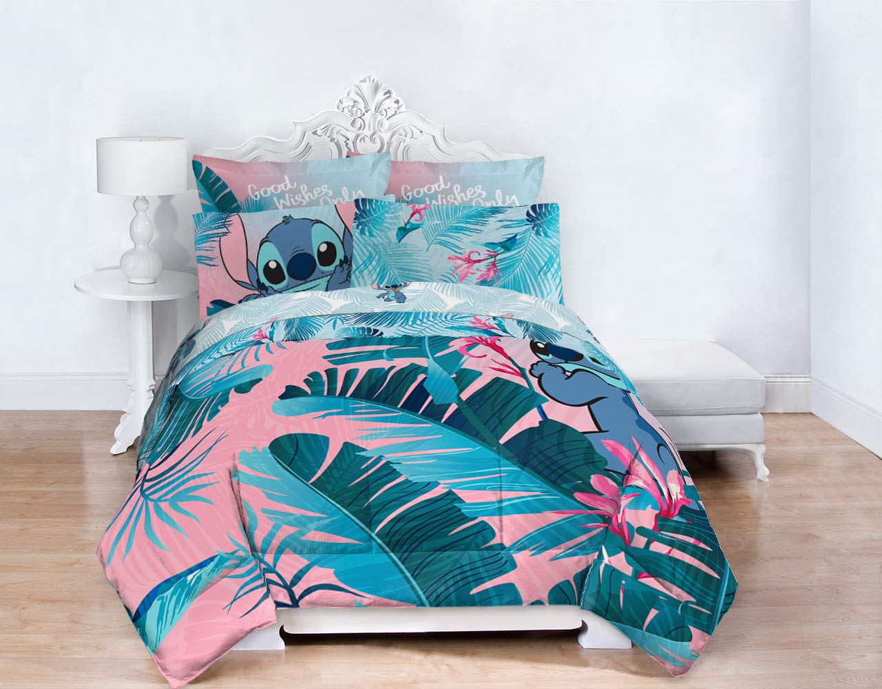 Jay Franco Disney Lilo & Stitch Floral Fun 7 Piece Queen Bed Set - Includes Reversible Comforter & Sheet Set Bedding - Super Soft Fade Resistant Microfiber - (Official Disney Product)