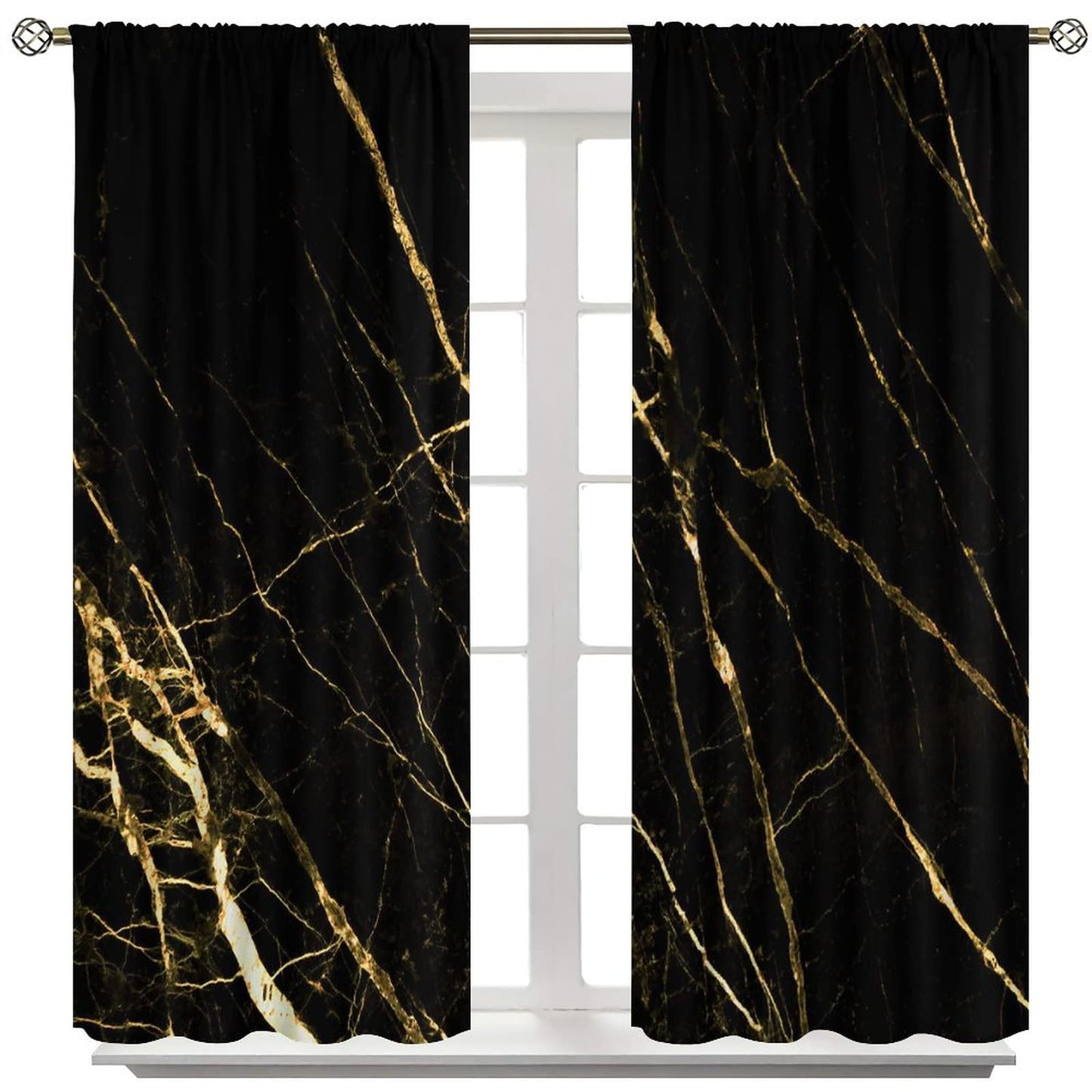 Luxury Black Gold Window Curtains,Golden Lines Marble Texture Modern Style Room Darkening Door Window Rod Pocket Curtain for Living Room Bedroom W42xL45in