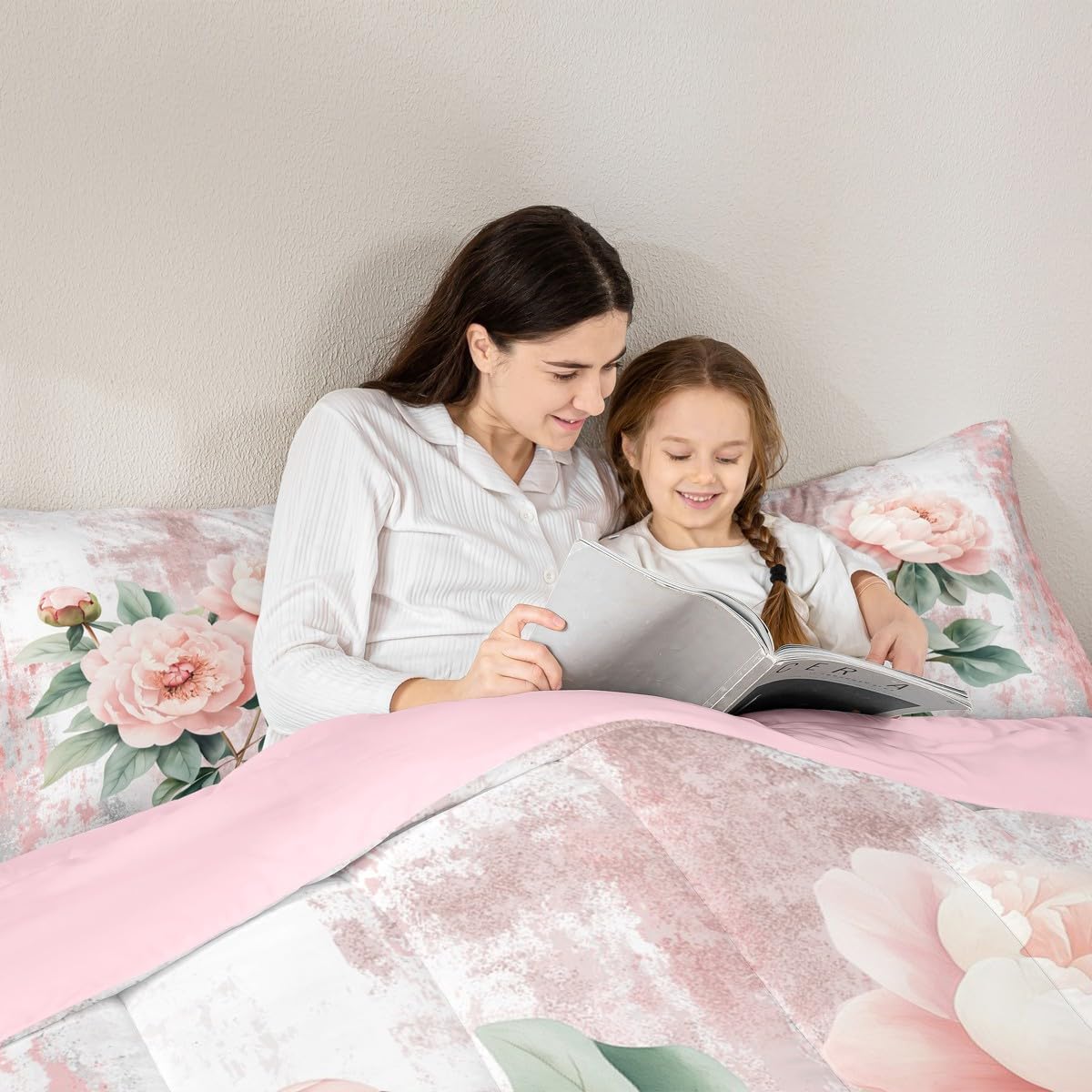 Erosebridal Pink Peony Flower Queen Comforter Set Spring Blossom Bedding Set Abstract Oil Painting Bed Set Watercolor Floral Rustic Farmhouse Quilt Set Ombre Pink Grey Design for Adults