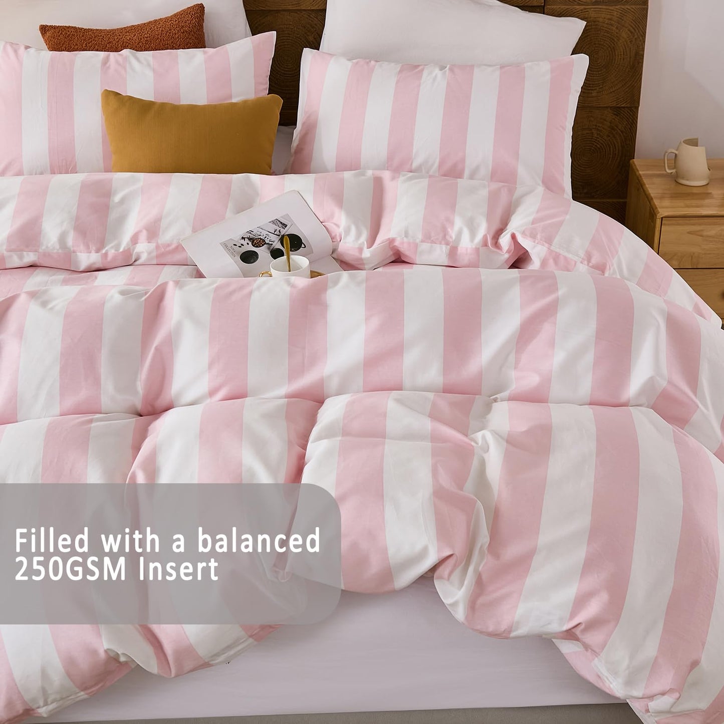Merryword Pink and White Striped Comforter Set King Size, 100% Cotton Reversible Comforter Set 3 Pcs, Luxury Linen Like Bedding, Soft Breathable Lightweight Comforter for All Seasons