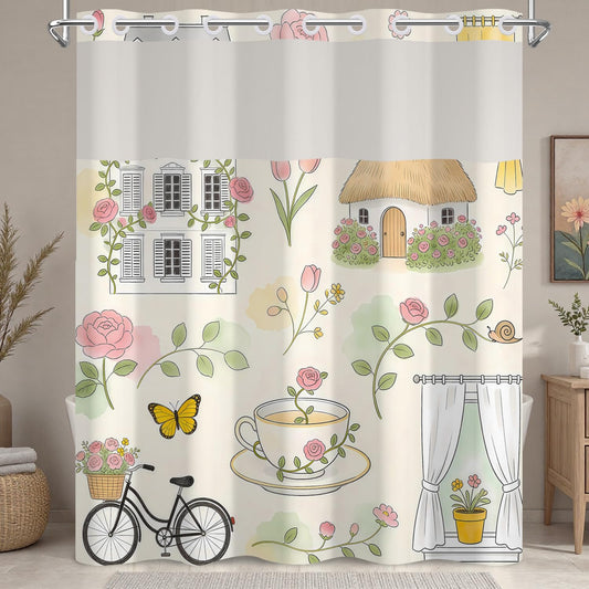 Xiazhilaio No Hook Cottagecore Shower Curtain with Snap in Liner, 71Wx74L