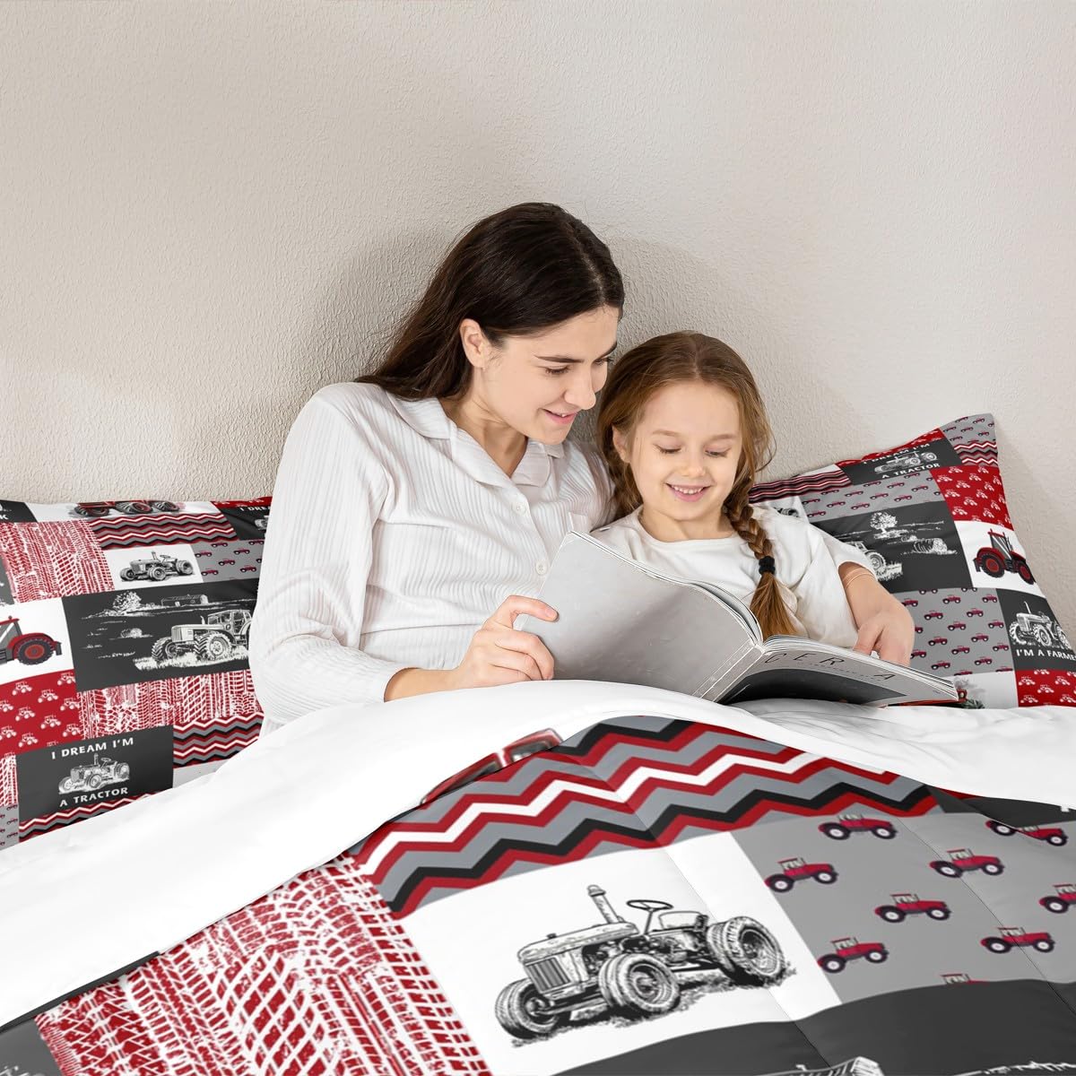 Erosebridal Red Tractor Bedding Set for Boys King,Construction Tractor Comforter Set Kids Teens Equipment Trucks Down Comforter Black White Construction Vehicle Quilt Set Bedroom Decor