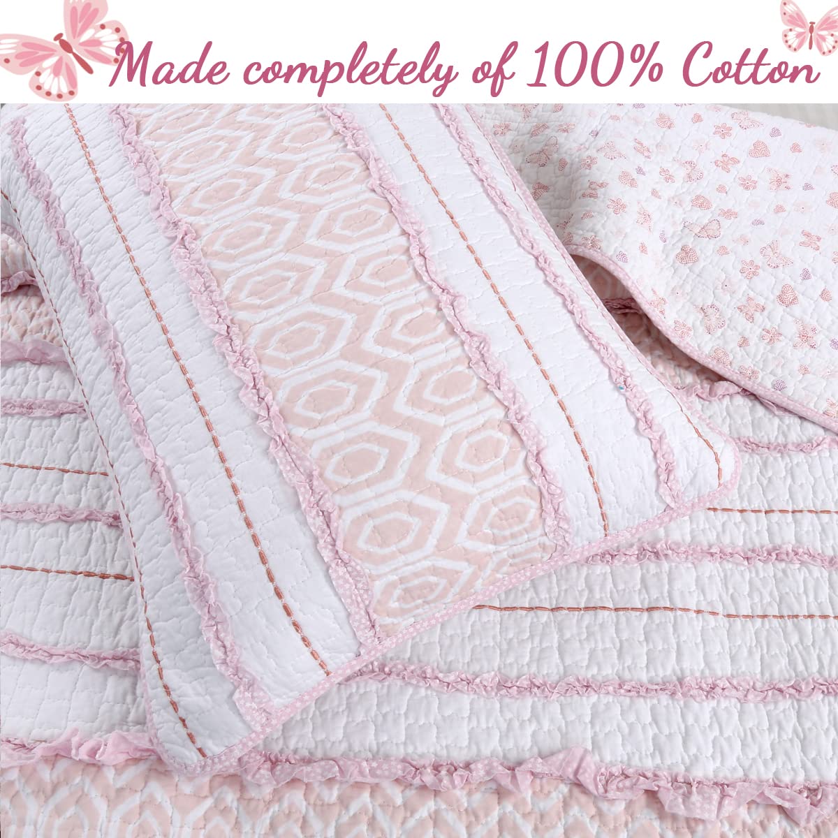 Cozy Line Home Fashions Pretty in Pink Girly Ruffle Stripped 100% Cotton Reversible Quilt Bedding Set, Coverlet, Bedspread (Pink Princess, Twin - 2 Piece: 1 Quilt + 1 Sham)