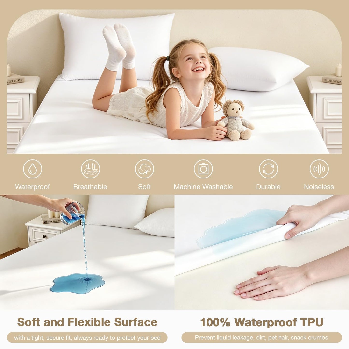 Twin XL Mattress Protector Waterproof 2 Pack Washable Mattress Cover Breathable Twin XL Size Fitted Bed Pad Noiseless Plastic Protection Up to 18” Mattress Protector Soft（White）