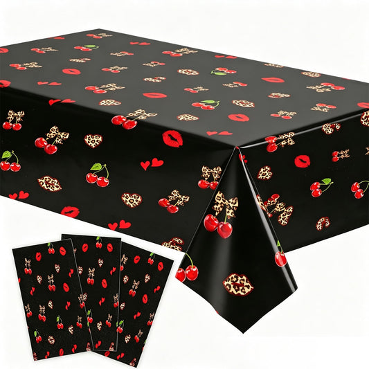 SMLAMANCA Cheetah and Cherry Tablecloths, 54 x 108 Red and Black Leopard Print Party Tablecloth Disposable Plastic Table Cover for Bridal Shower Girls Birthday Party Supplies (3)