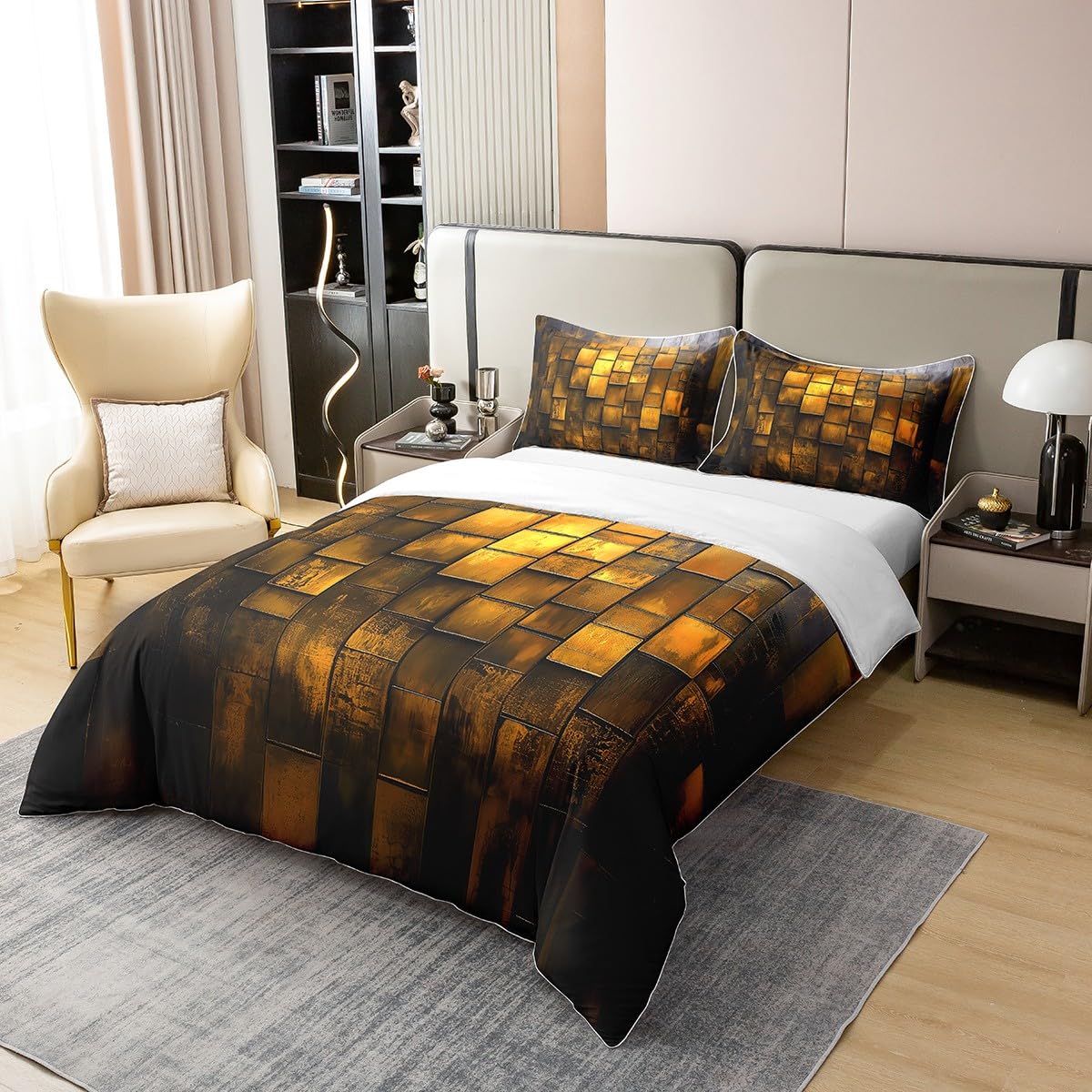 jejeloiu Yellow Earth Black Duvet Cover 100% Cotton King Size Kids Abstract Geometric Comforter Cover for Boys Girls Teens Modern Art Bedding Set Breathable Soft Room Decor