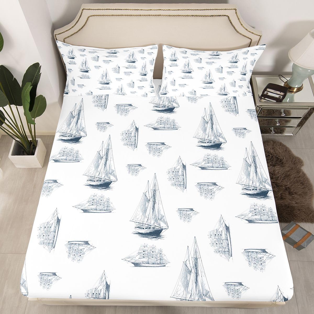Feelyou Natural Bed Sheets Set Full Size Coastal Sheet Set for Kids Boys Girls Decor Beach Theme Sheets with Deep Pocket Fitted Sheet Boat Print Blue and White Bedding Set Bedroom
