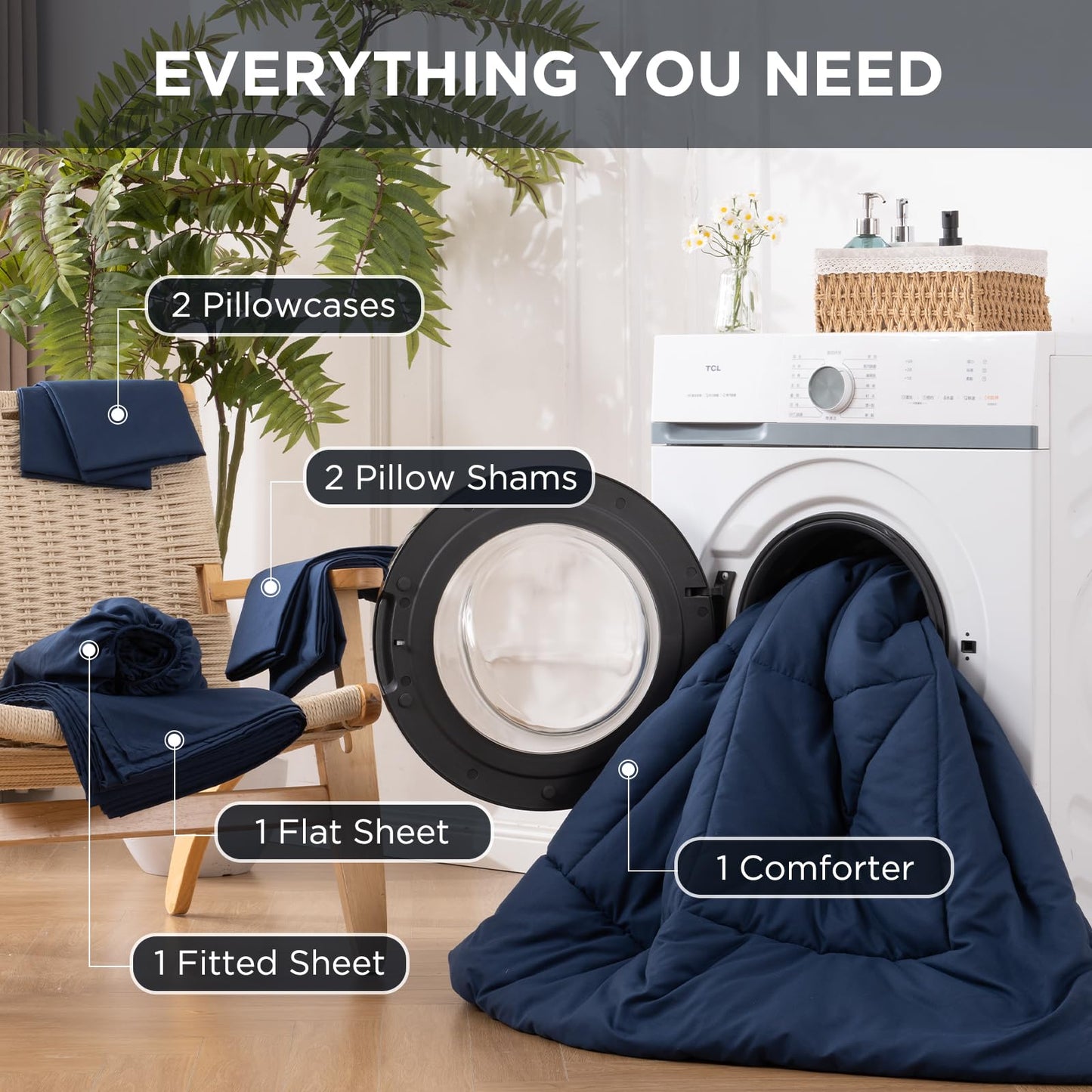 Baskbed 7 Pieces Queen Comforter Set - Utral Soft Microfiber Bedding Set, Thick Duvet Insert Bed in a Bag Without Rustling Noise for All Season, Navy (88"x88")