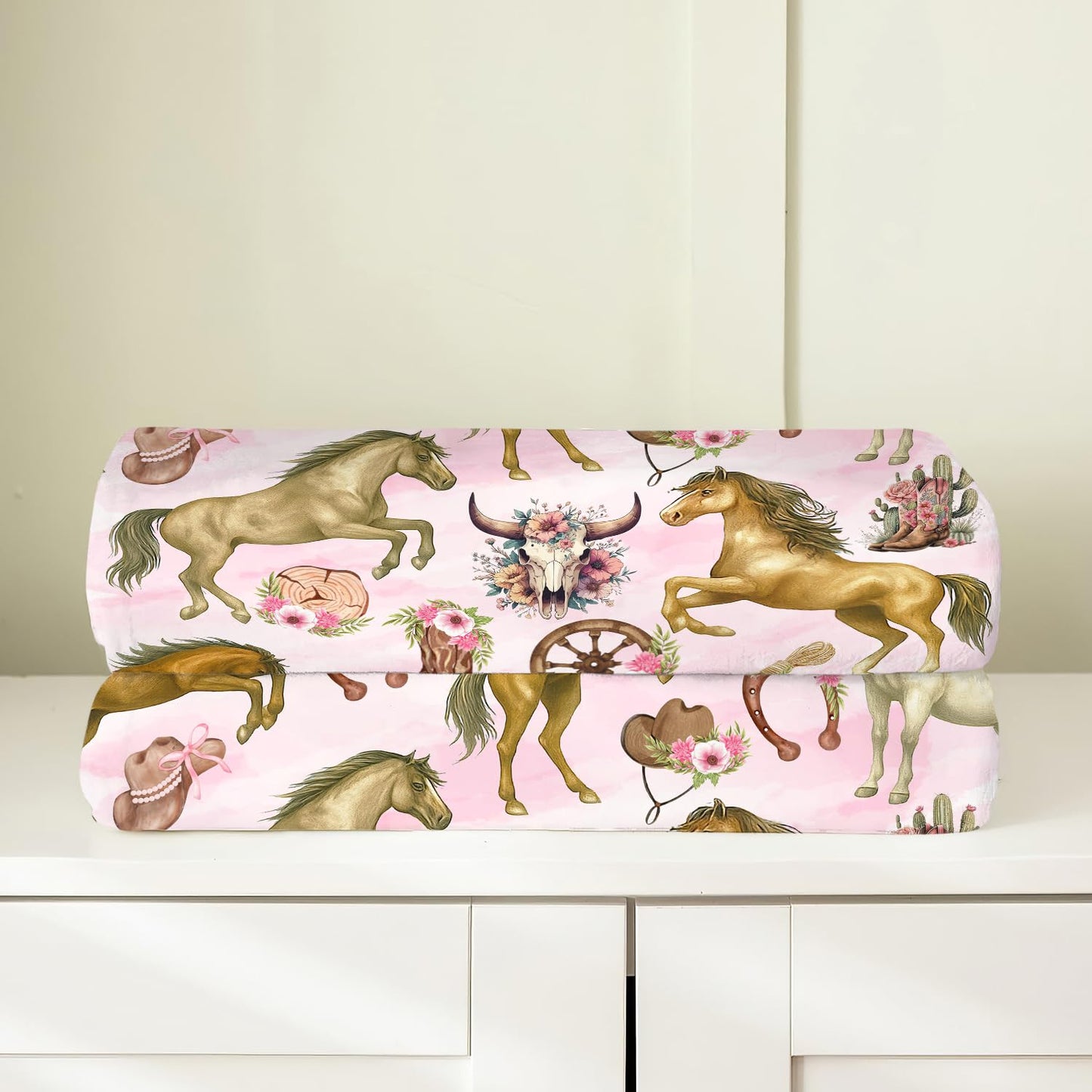Western Cowgirl Throw Blanket Pink Cowgirl Horse Flannel Blankets Southwest Horses Plush Super Soft Cozy Warm Decor Gifts for Boys Girls Kids Adults Men Women 40" x 50"