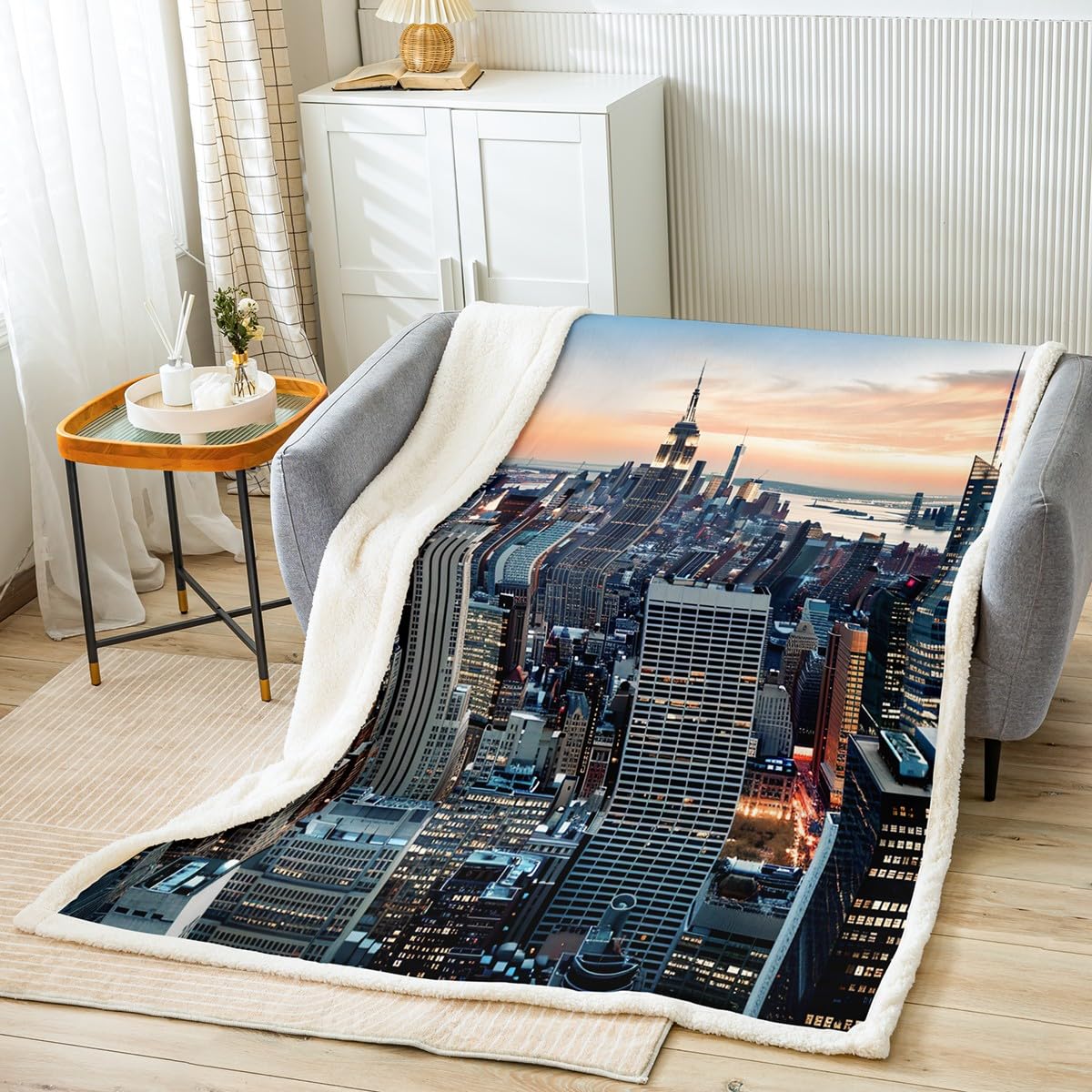 Feelyou New York Sherpa Blanket New York City Manhattan Skyline Cityscape Fleece Throw Blanket Contemporary Artistic Sunset Landscape Fuzzy Blanket for Sofa Bed Couch,Baby 30x40 Inches
