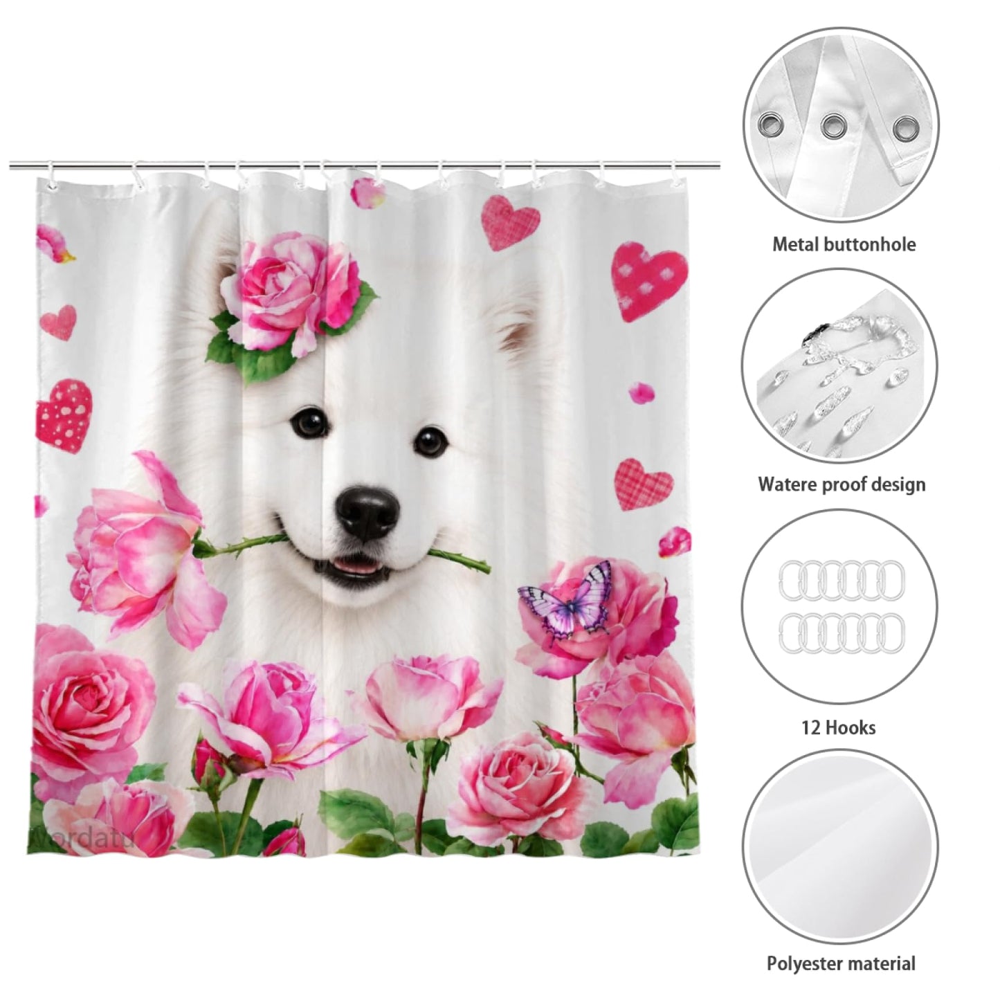 Wordatu Spring Summer Samoyed Rose Shower Curtain, Bathroom Decor Fabric Polyester Waterproof 12 Hooks 72Wx72H Inch for Bathtub and Bathroom