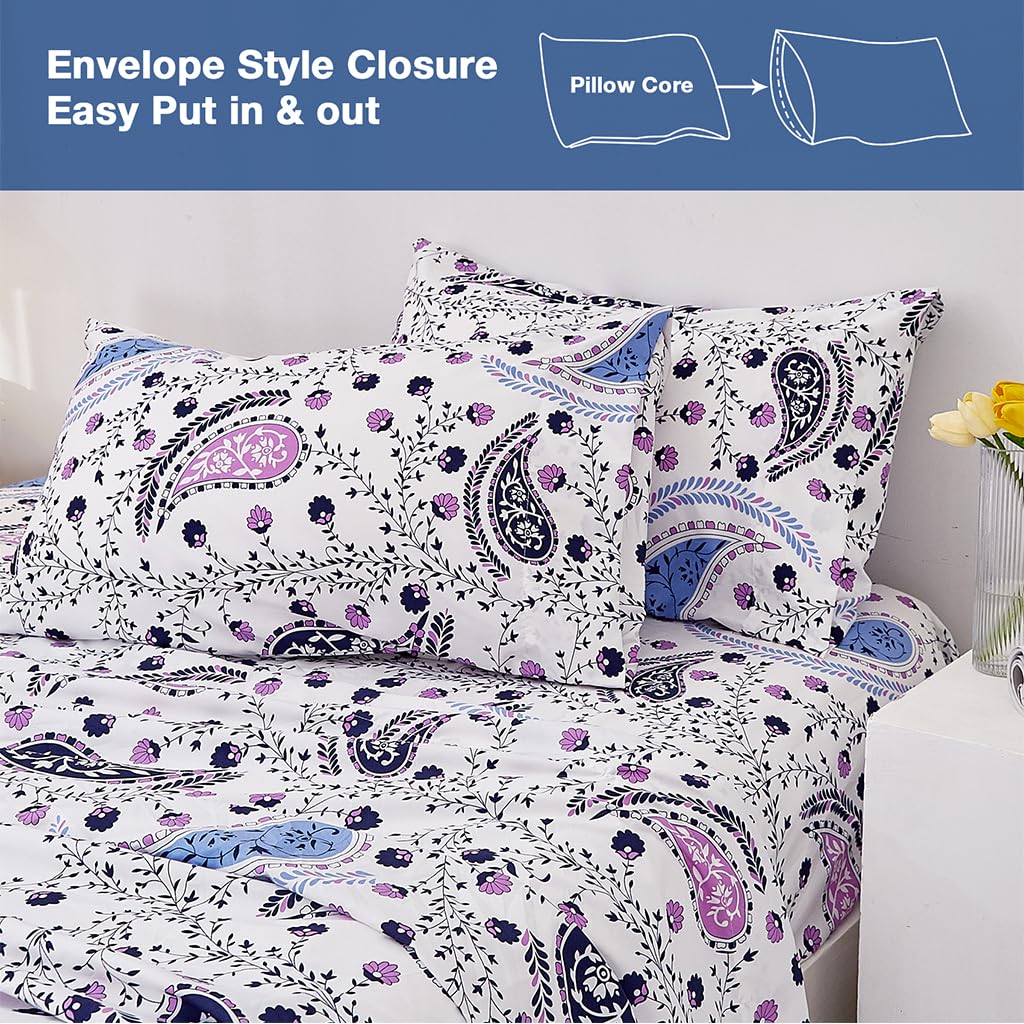 JSD Paisley Floral Printed Sheet Set Queen Size, 4 Piece Soft Pattern Microfiber Sheets Extra Deep Pocket