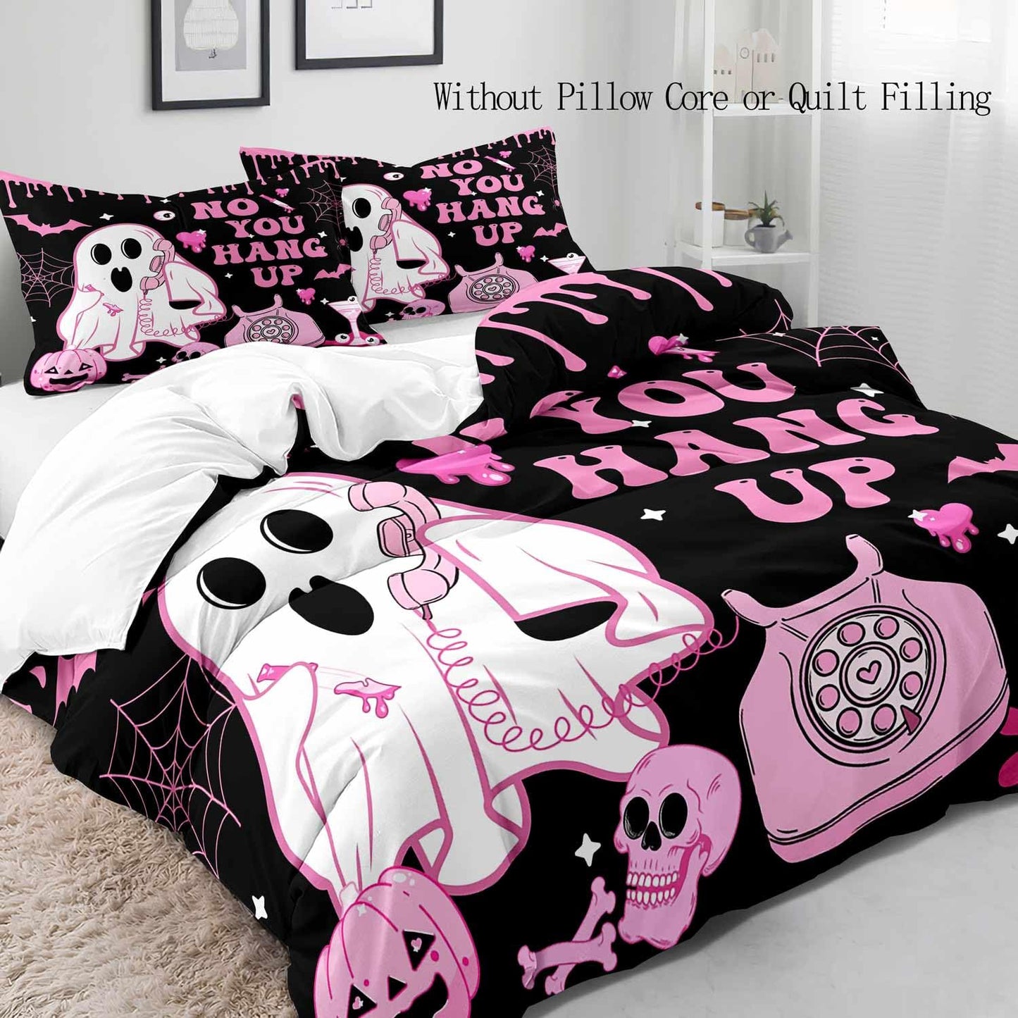 LUVIVIHOME 3PCS Cute Pink Ghost Duvet Cover Queen Bedding Sets, Girls Boys Kids Bedding, Black Duvet Cover, Funny Spooky Pumpkin Skull Bat Spider Web Eyeballs Halloween Comforter Cover, 2 Pillow Cases