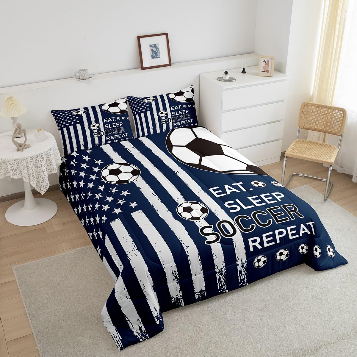 Feelyou Soccer Ball Game Kids Boys Girls Bedding Set Queen Size Football Comforter Set Ultra Soft Rugby Sports Comforter Flag Print Duvet Quilt Bedroom Decor Rugby Game Quilt
