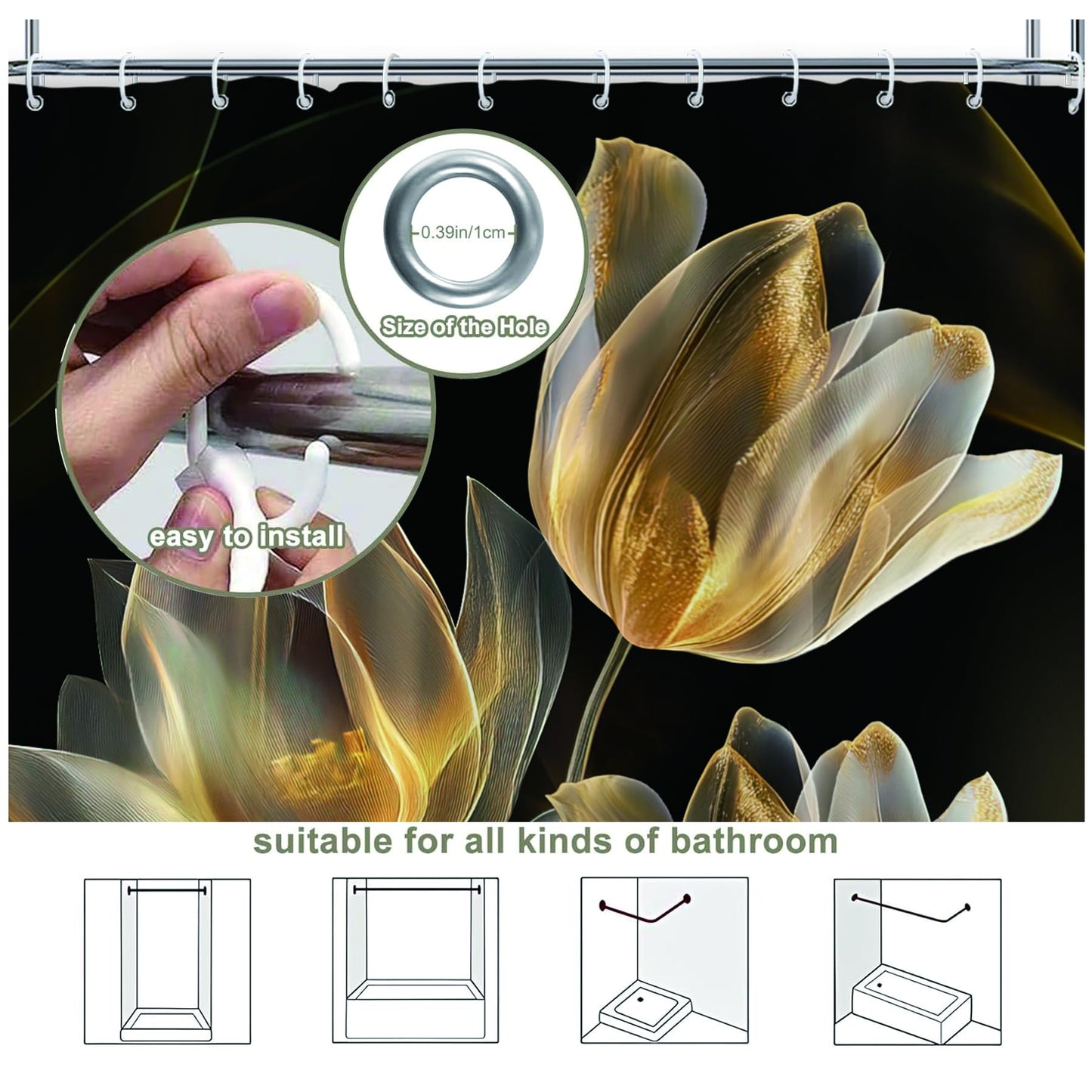 Glioown Black Gold Lotus Tulip Shower Curtain 60Wx71L, Modern Flower Blossom Shower Curtains for Bathroom Decor, Beautiful Elegant Botanical Shower Curtain Set Home Decor 12 Pack Hooks