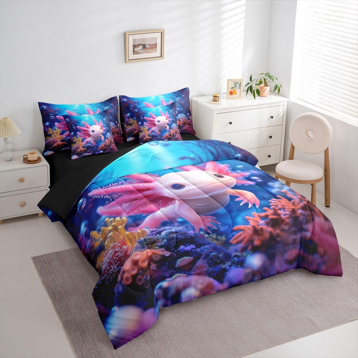 Erosebridal Kids Axolotl Queen Bedding Set for Boys Girls Underwater Axolotl Comforter Set with Flat and Fitted Sheet Coral Reef Seabed World 7-Piece Bed in a Bag 3D Reality Reptile Animal Quilt Sets