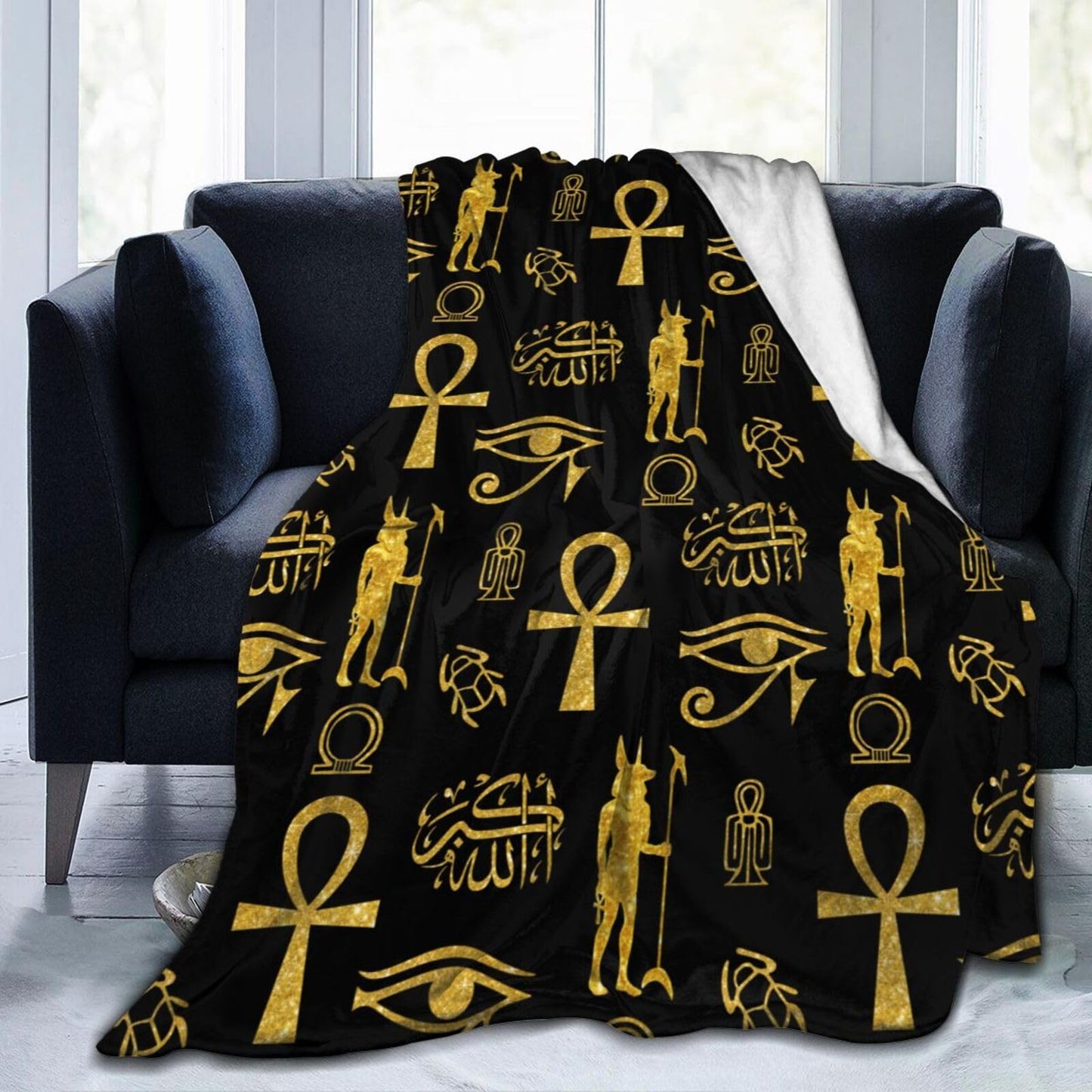 Ancient Egyptian Ankh Cross Gold Allahu Akbar Anubis Blankets for Mens Womens Boys Girls Gifts 60X50 Inches Ultra-Soft Warm Lightweight Bedding Throw for Bed, Sofa, Couch