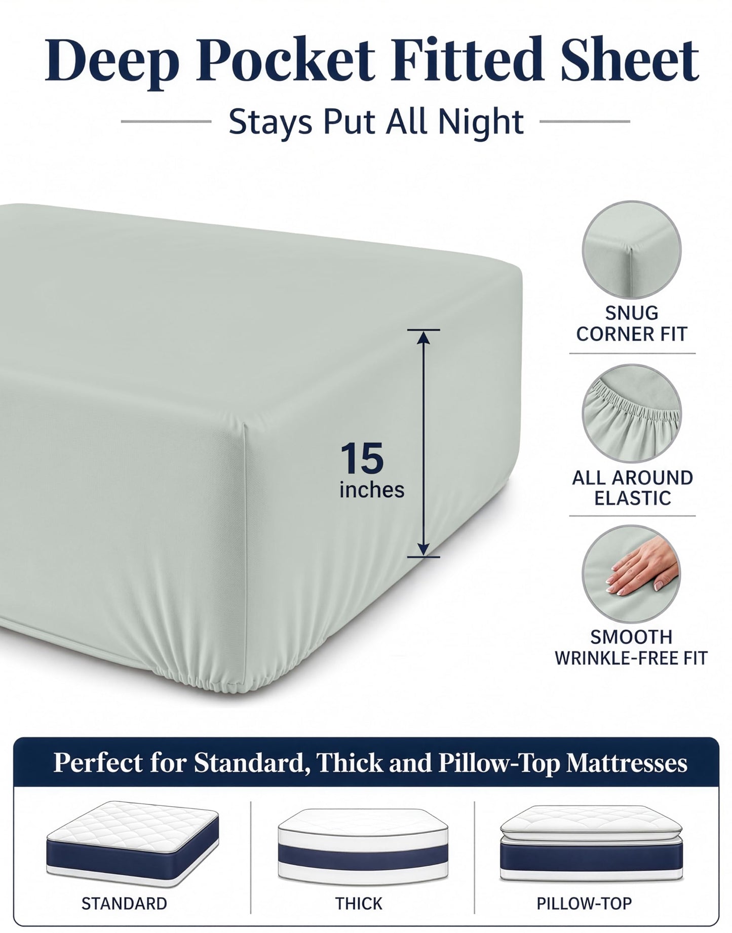 Fitted Full Sheet Only - Jersey Knit, 4 Way Strong Elastic Hem - Deep Pocket Cover, Designed for Mattresses Upto 15" Thick – Supports a Restful Sleep - Ultra Soft, Machine Washable & Durable - Mineral